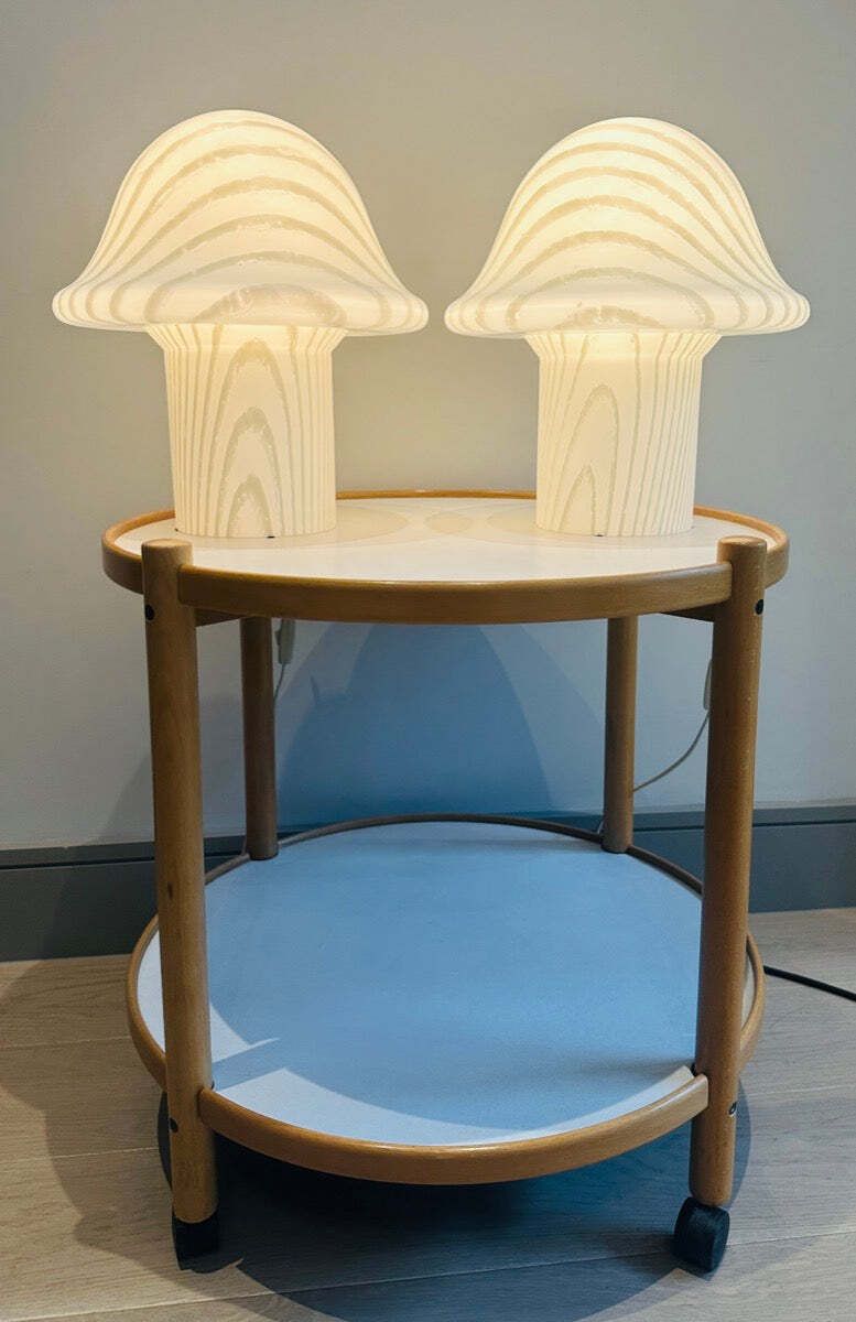 Pair Of Large 1970s Space Age Peill & Putzler Striped White Silky Glass Mushroom Table Lamps photo buy