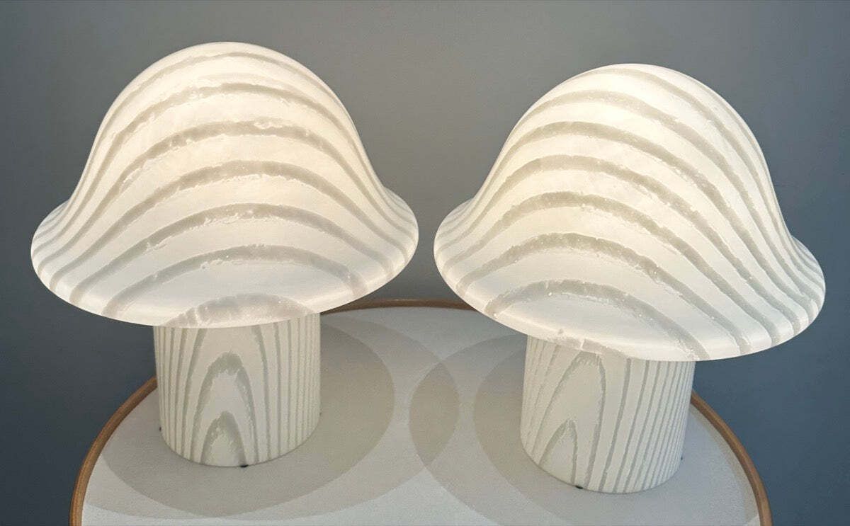 Pair Of Large 1970s Space Age Peill & Putzler Striped White Silky Glass Mushroom Table Lamps photo vintage