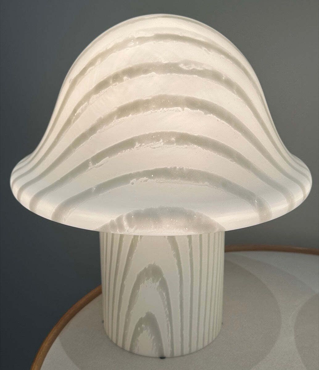 photo buy Pair Of Large 1970s Space Age Peill & Putzler Striped White Silky Glass Mushroom Table Lamps