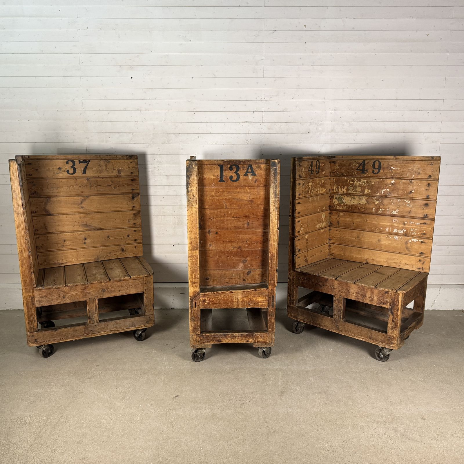 Set Of 3 Heavy Duty Industrial Pine Factory Trolleys photo Furniture