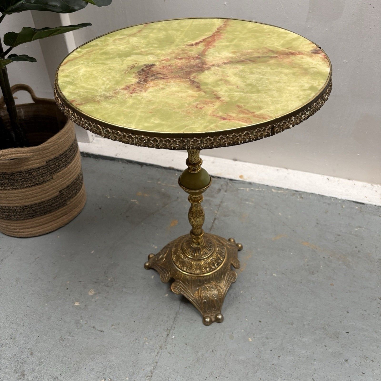 Vintage French Style Green Onyx Circular Top Brass Wine Or Side Table photo furniture