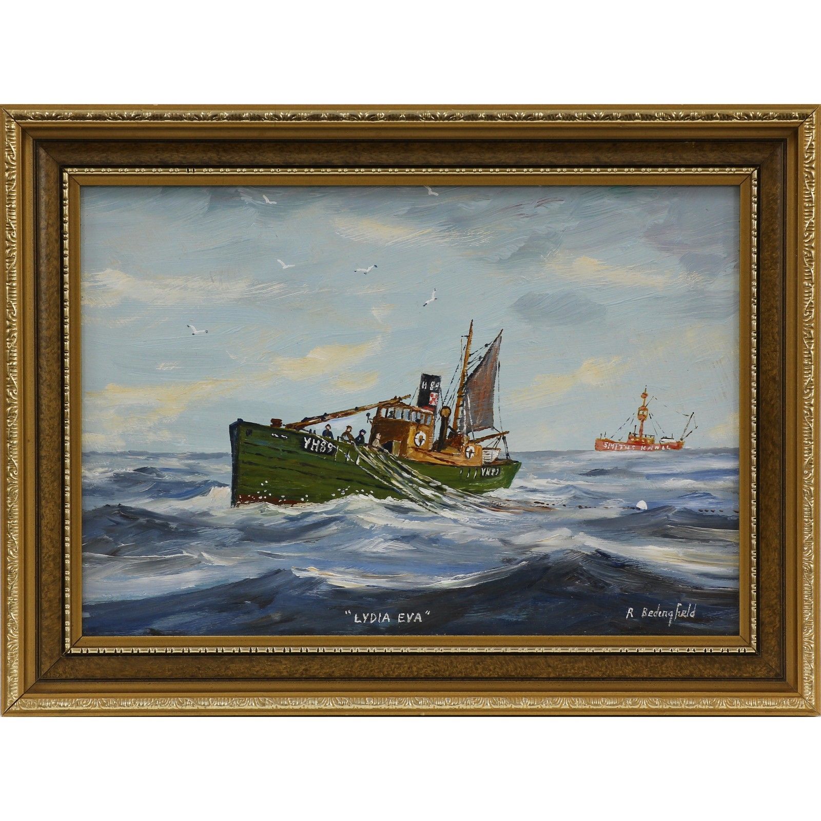 Oil On Board By Roger Bedingfield. Titled "Lydia Eva" Off Smiths Knoll Lightship