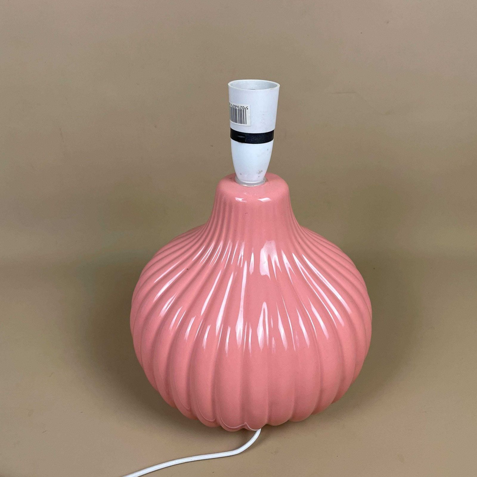 Vintage Ceramic Lamp Light Bedside Table Round Pink Retro Side Antique Desk Porcelain Vase Base Cottage Ribbed Stripes Striped Pattern photo 69.0