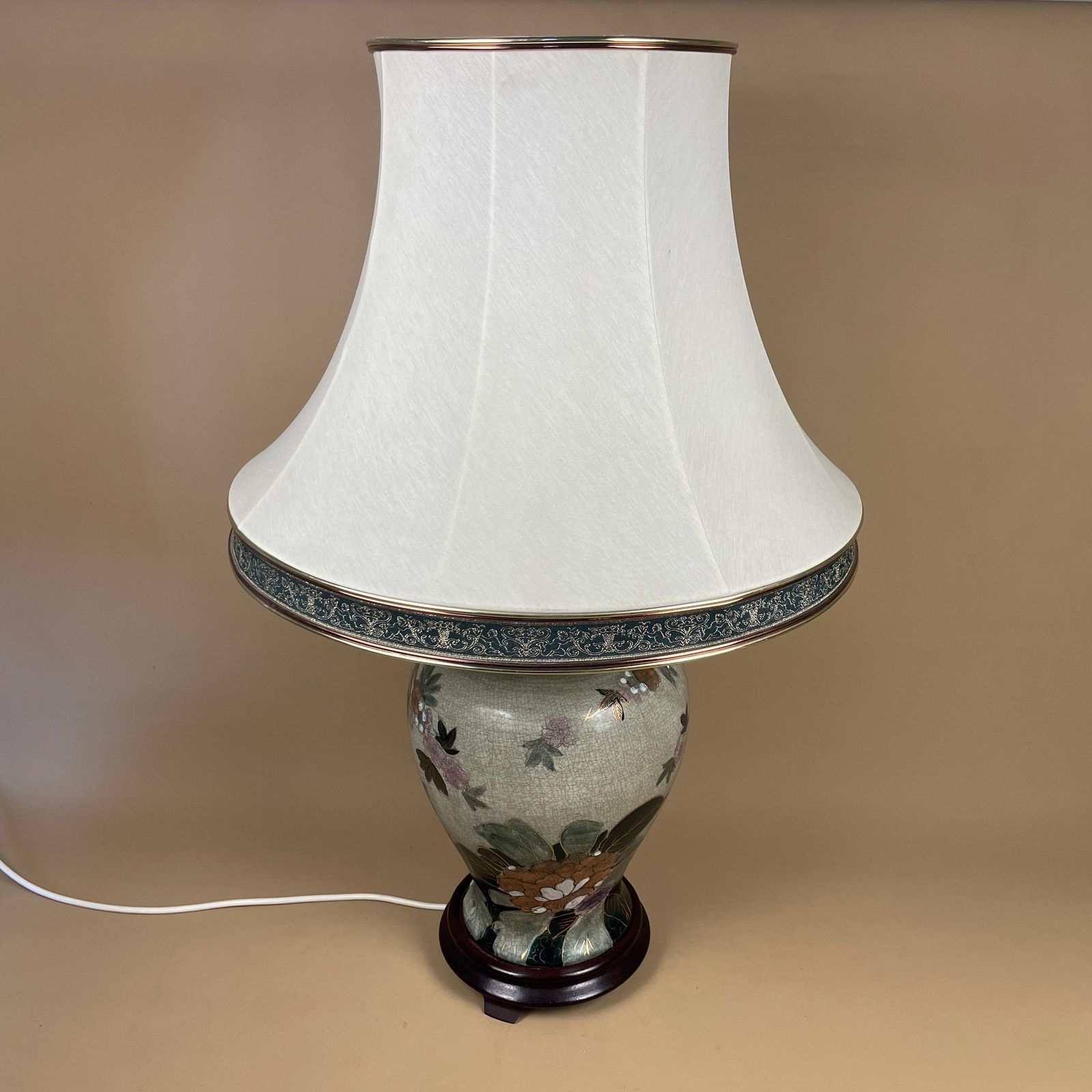 Antique Oriental Ceramic Lamp Light Bedside Table Shade Lampshade Chinese Decor Porcelain Ginger Jar Vase Hand Painted Floral Birds Wood photo furniture