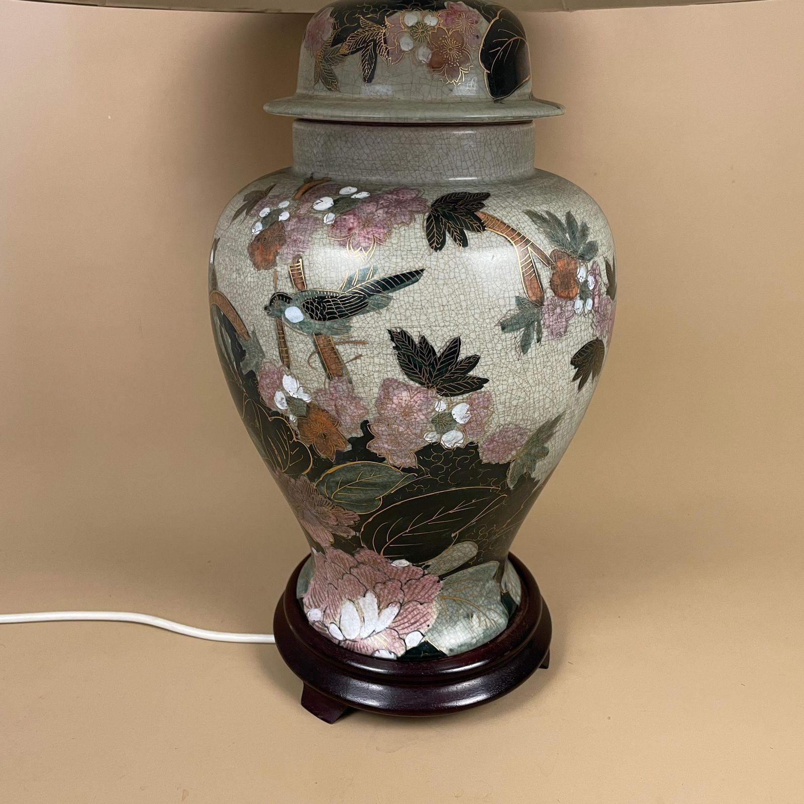 Antique Oriental Ceramic Lamp Light Bedside Table Shade Lampshade Chinese Decor Porcelain Ginger Jar Vase Hand Painted Floral Birds Wood photo vintage