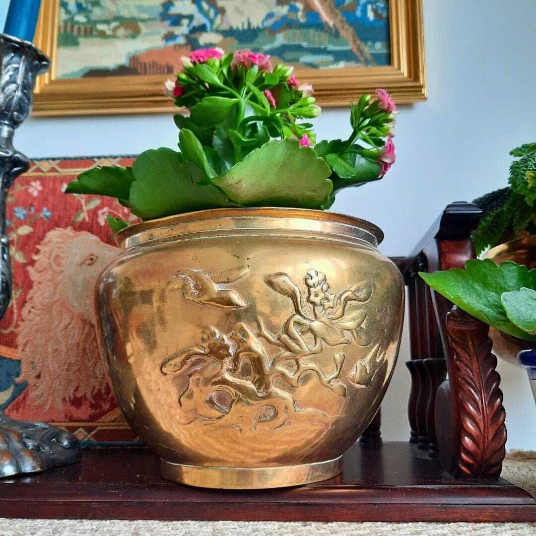 Antique Japanese Bronze Jardiniere With Birds On Branch Decoration 5.2'' Tall
