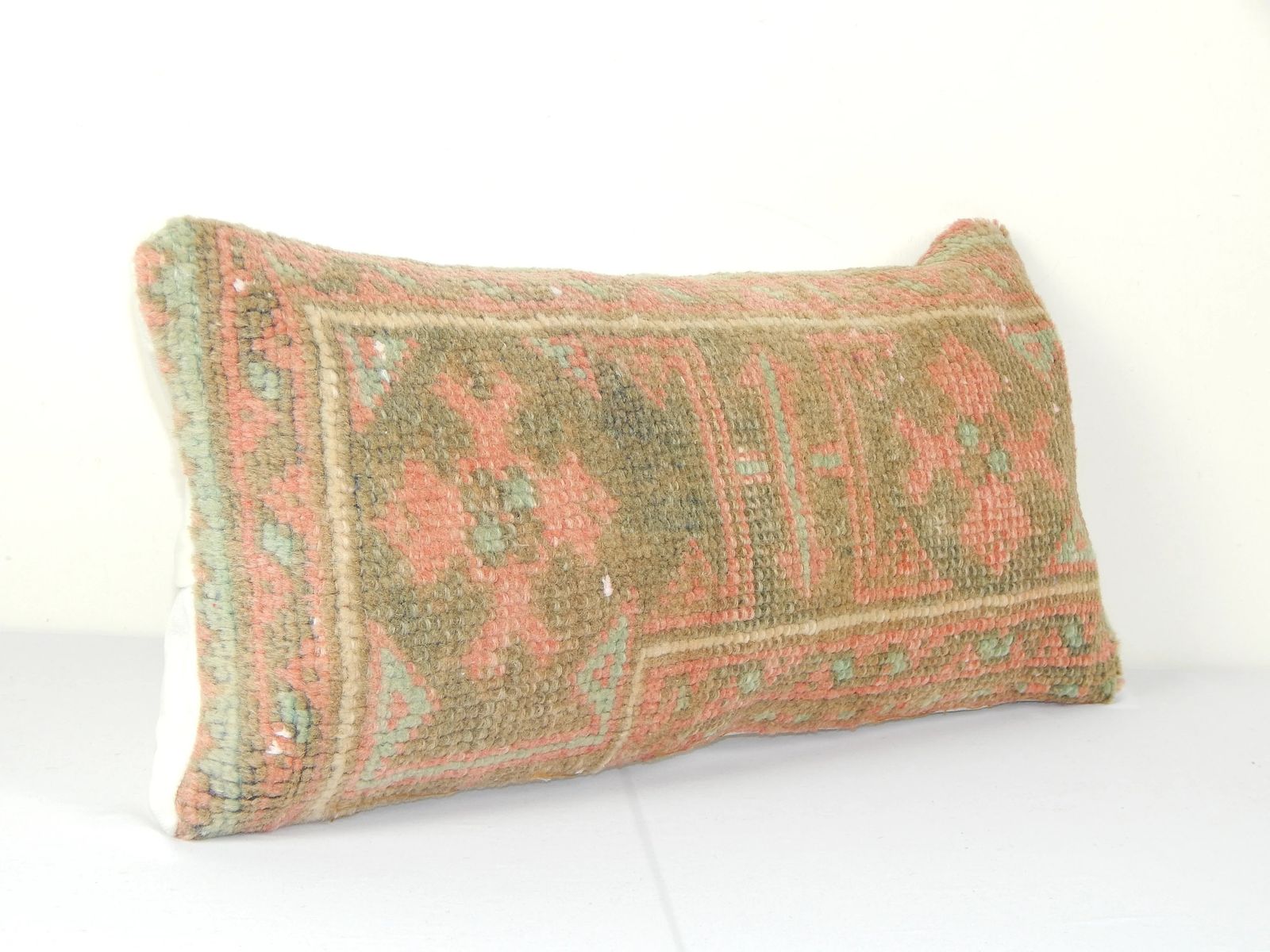 Turkish Oushak Rug Pillow Copper Cover, Small Oblong Boho Woven Rug Carpet Pillow Cover, Tribal Turkish Lumbar Cushion photo Textiles