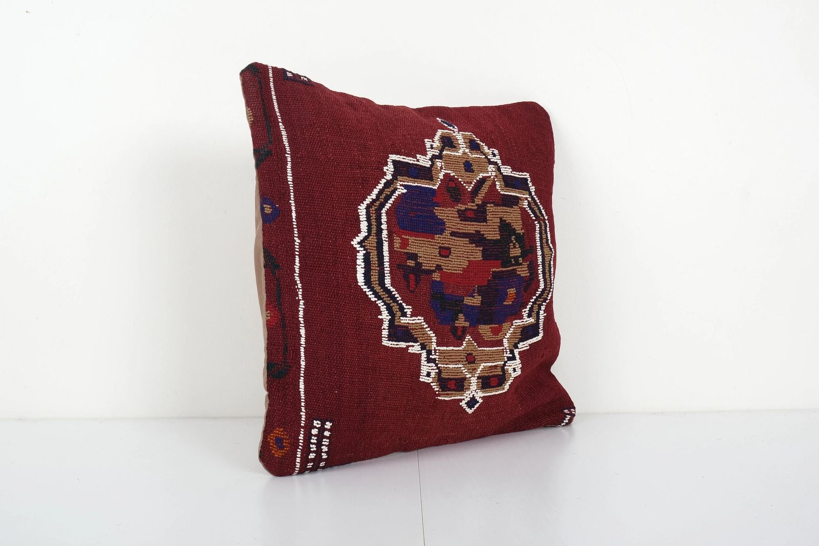 Handmade Wool Red Organic Kilim Pillow, Boho Pillow, Tribal Couch Pillow, Handmade Turkish Square Cushion photo furniture
