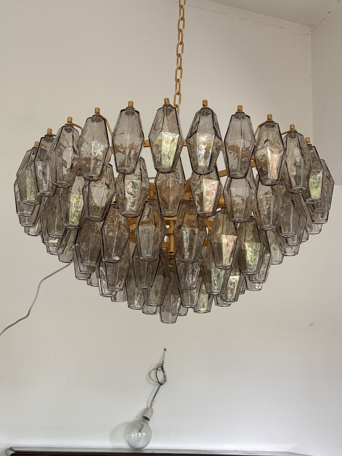 Contemporary Styled After Venini Smoked Fumè “Poliedri” Murano Glass Gold Chandelier photo buy