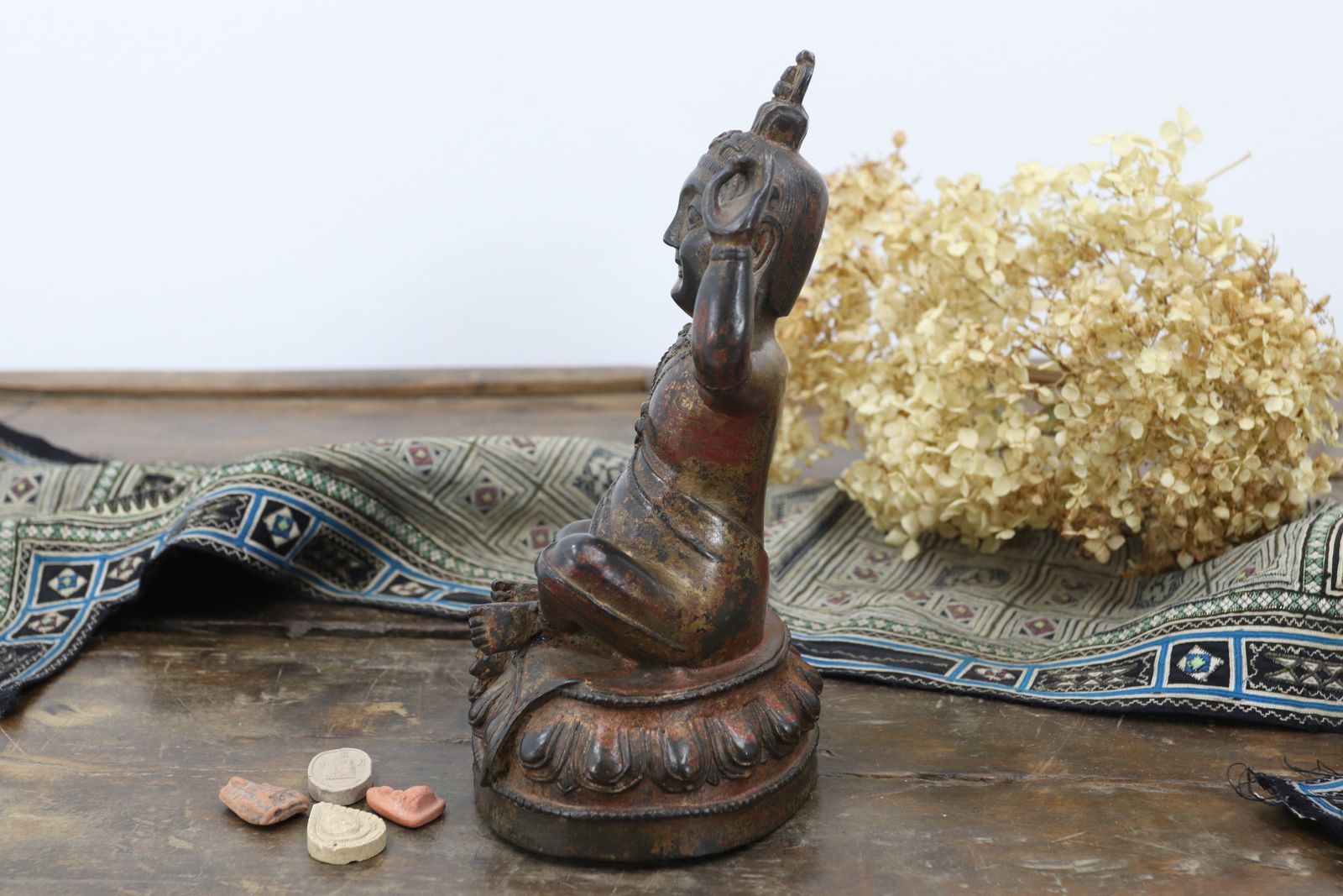 Tibetan Bronze Buddha With Traces Of Gold Leaf And Red Lacquer photo vintage