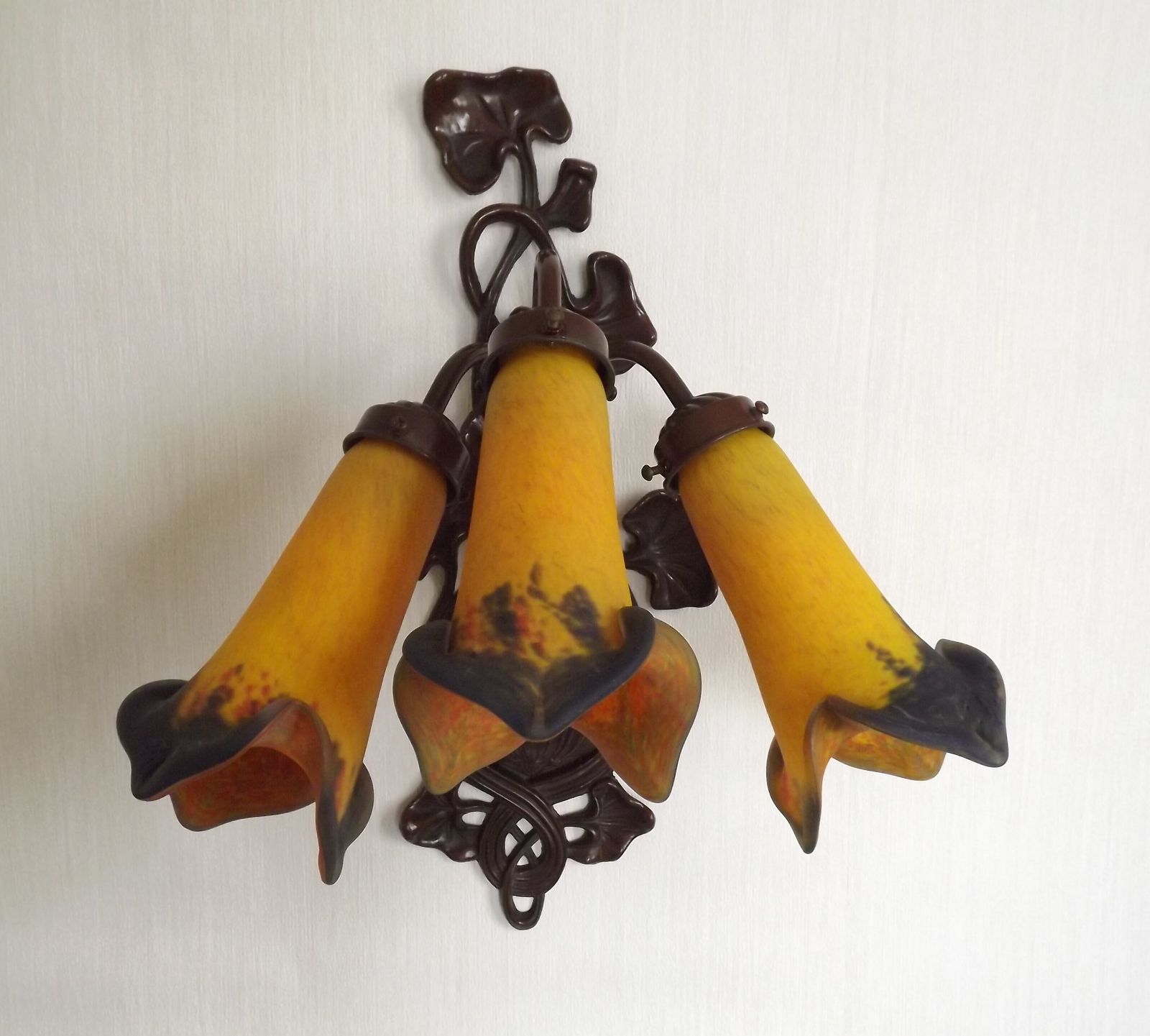 French Art Nouveau Style Large 3 Light Wall Sconce.  Signed Art De France Lily Shades. photo for sale