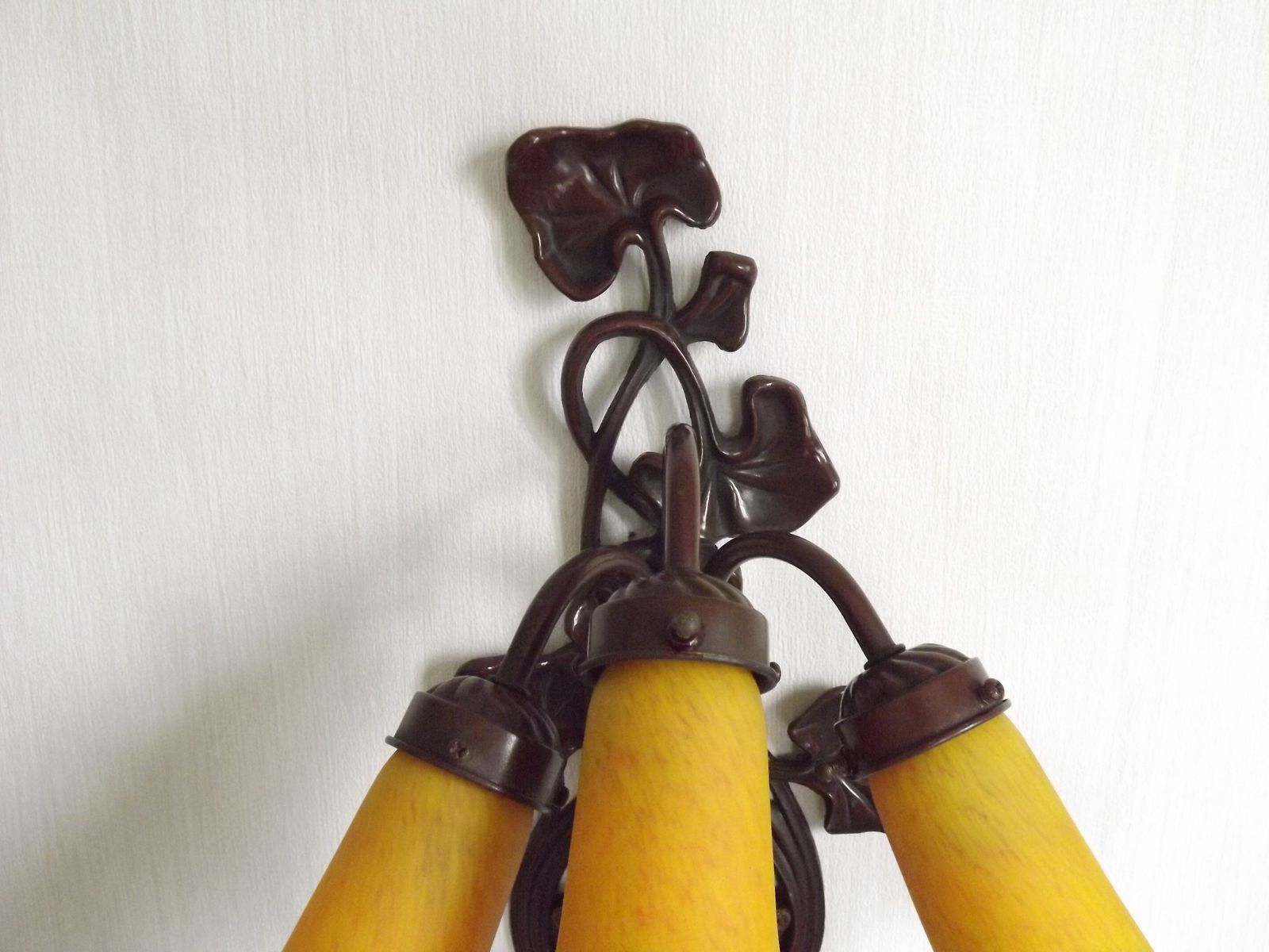 French Art Nouveau Style Large 3 Light Wall Sconce.  Signed Art De France Lily Shades. photo vintage