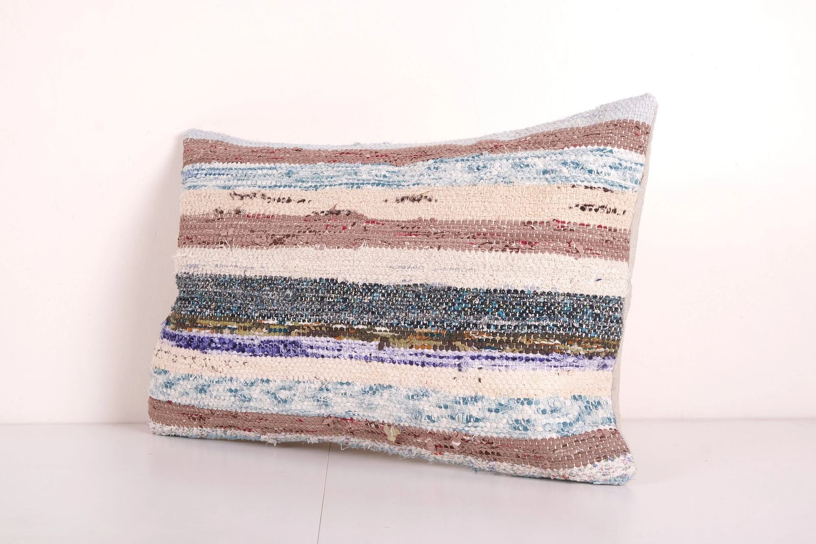 Vintage Cotton Turkish Kilim Lumbar Pillow, Striped Turkish Kilim Rug, Farmhouse Cushion photo Textiles