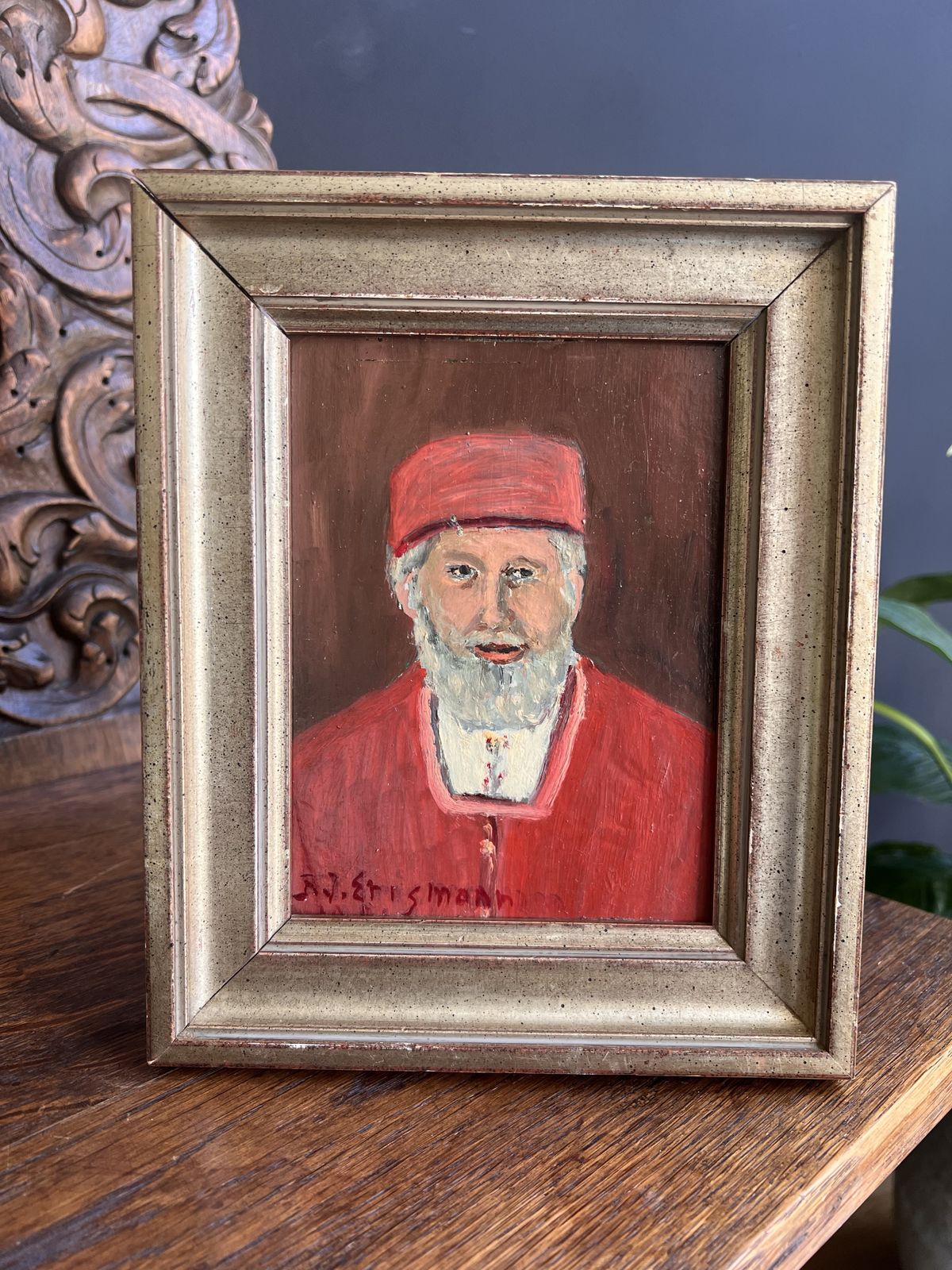 Vintage Swiss Folk Art Painting Clergy Man Portrait By Friedrich Johann Erismann, Signed Original Art, Gift From Switzerland, Swiss Alps