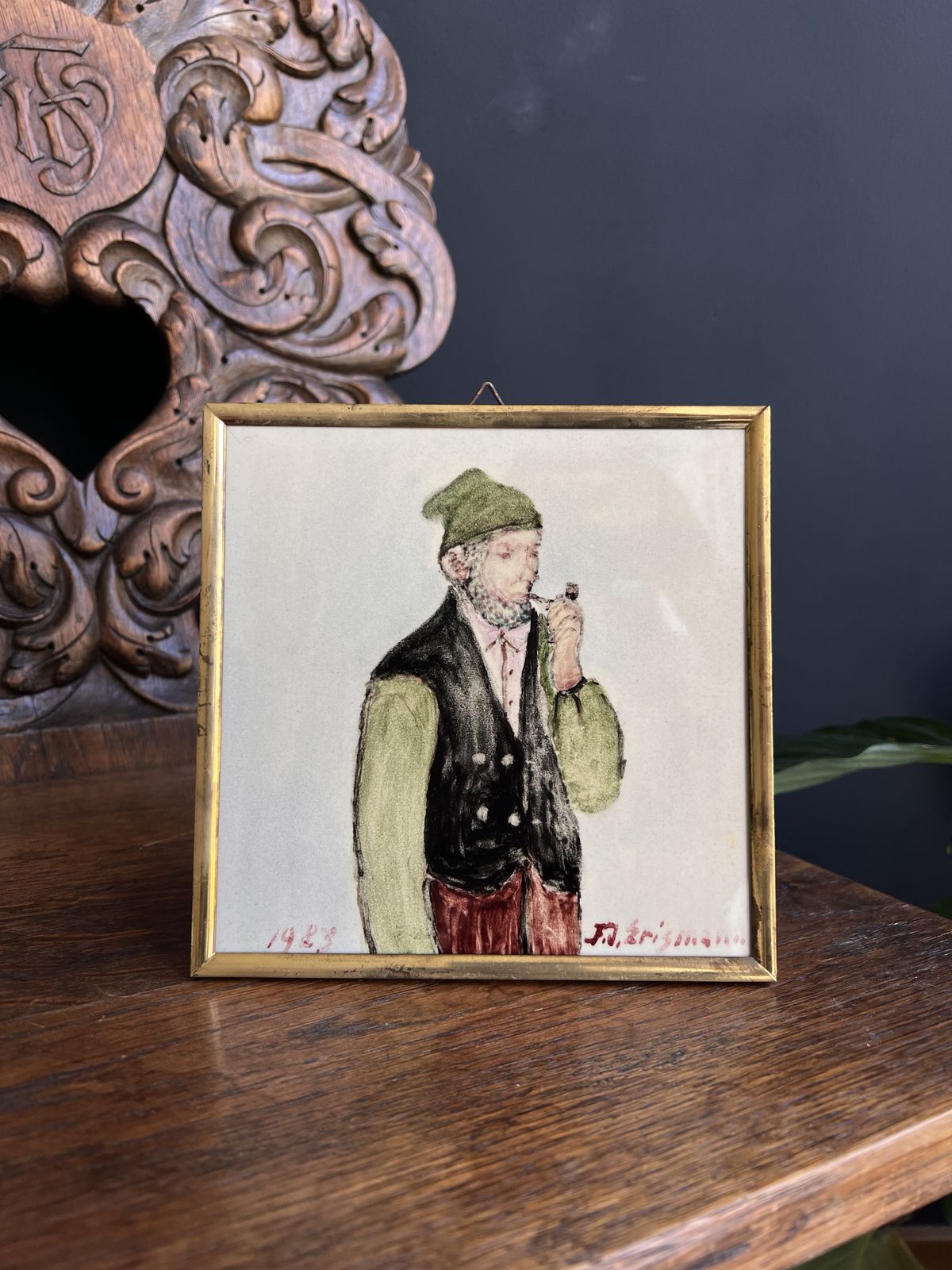 Vintage Swiss Folk Art Tile By Friedrich Erismann   1983 Hand Painted Man With Pipe In Traditional Costume photo Art