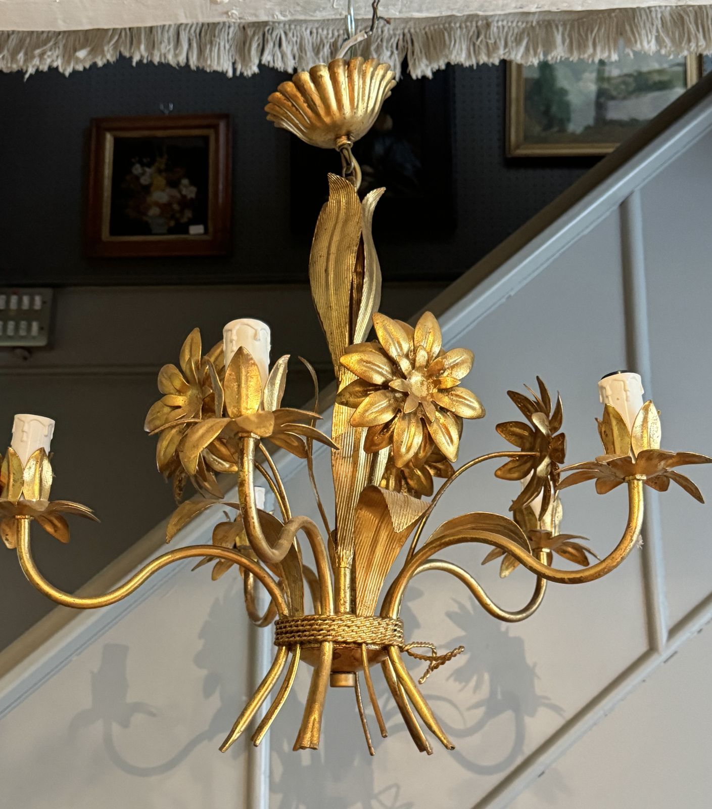 Pair Of Gilt Metal Five Branch Flowerhead Chandeliers photo for sale