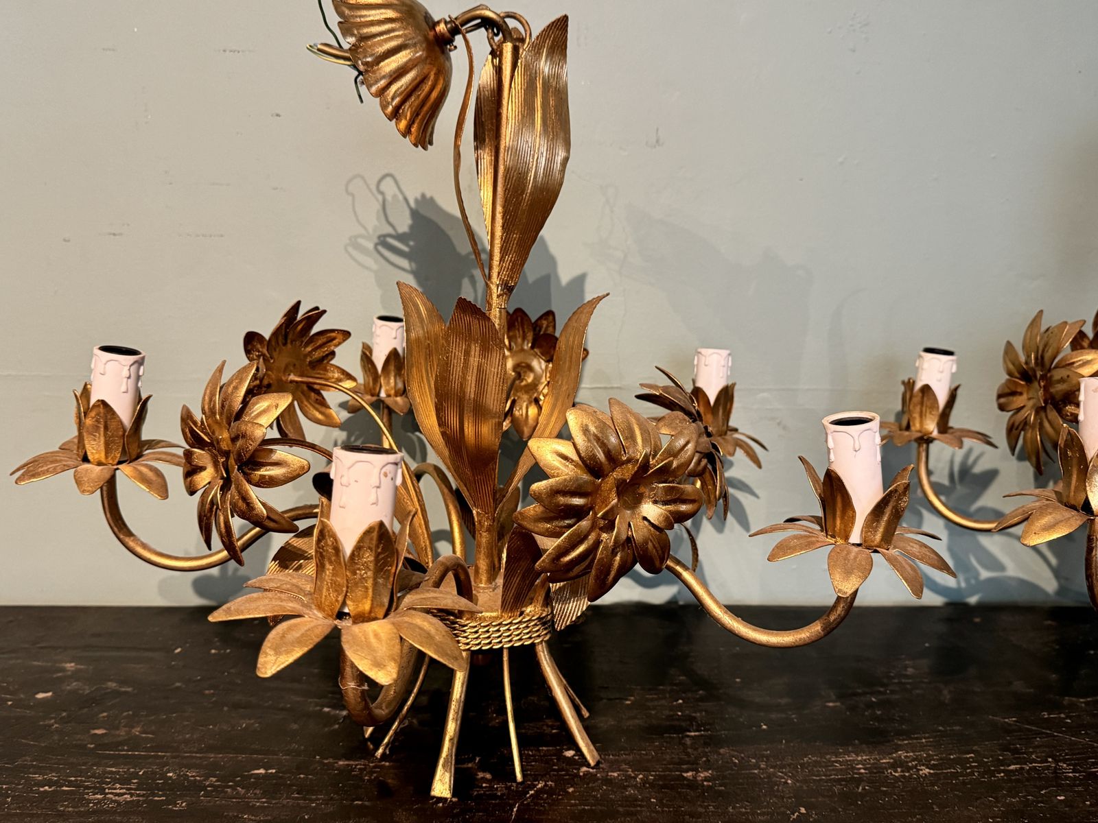 Pair Of Gilt Metal Five Branch Flowerhead Chandeliers photo 495.0