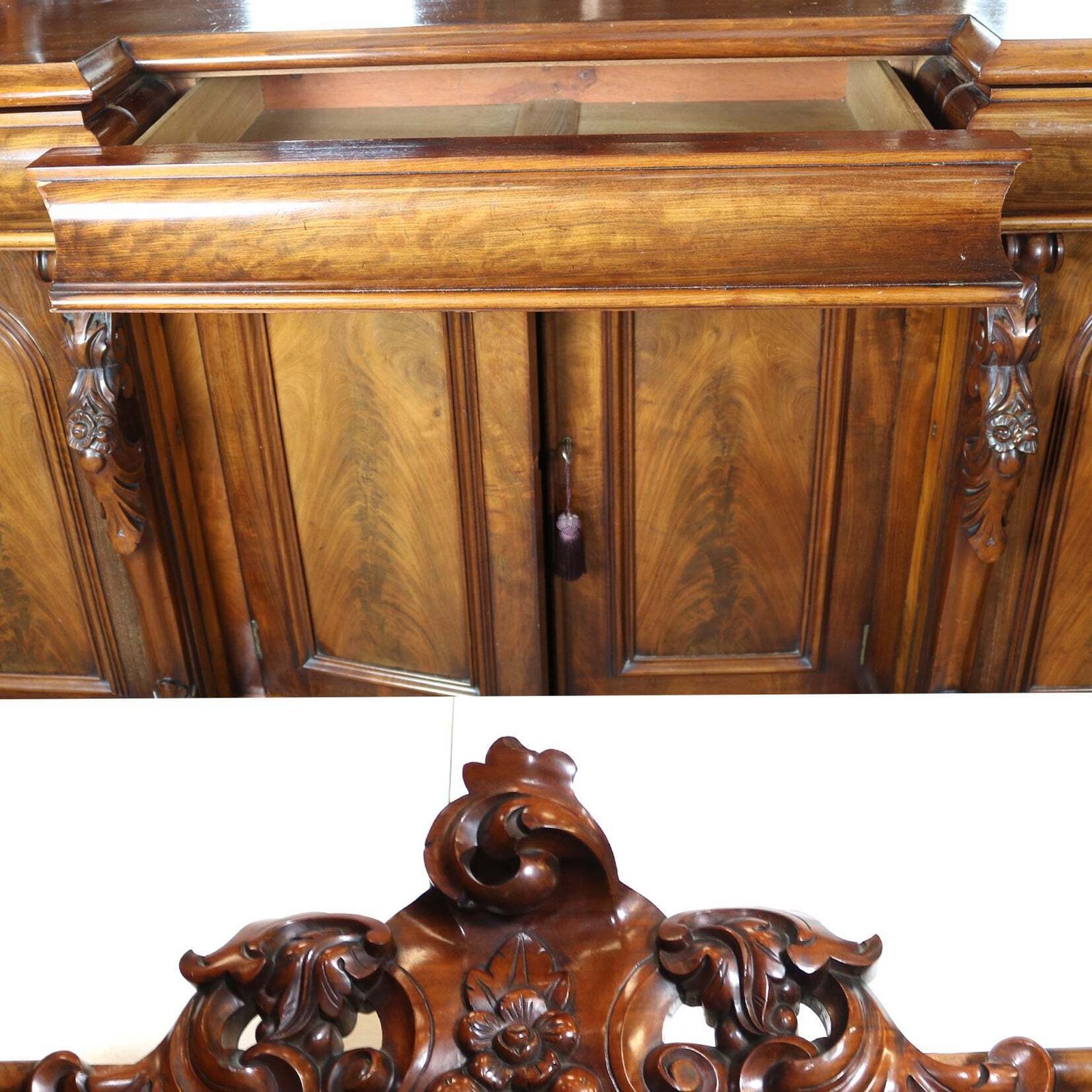 Antique Ornate Carved Mahogany Sideboard With Mirror And Secret Drawers photo for sale