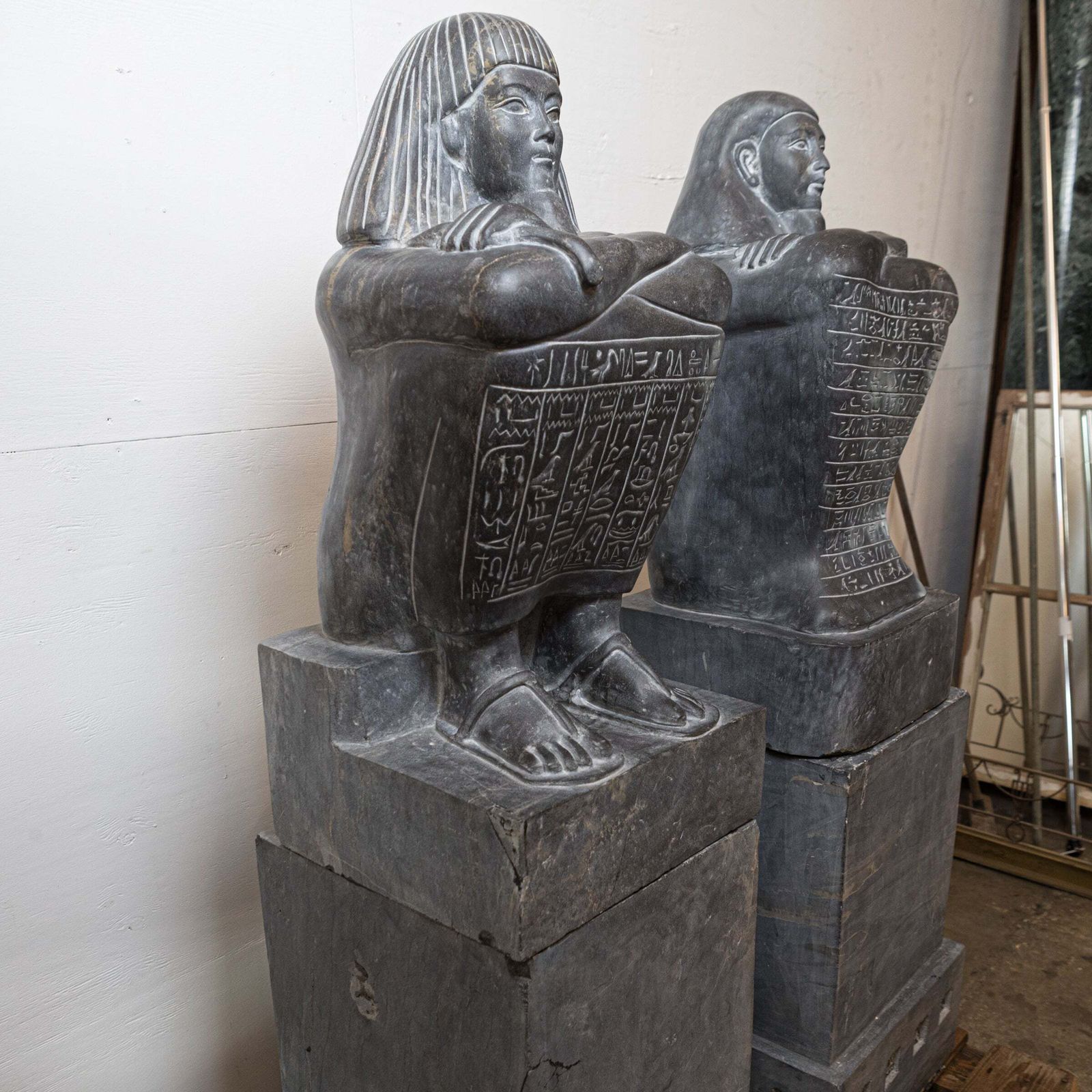 photo for sale Pair Of Monumental Egyptian Marble Block Statues With Plinths