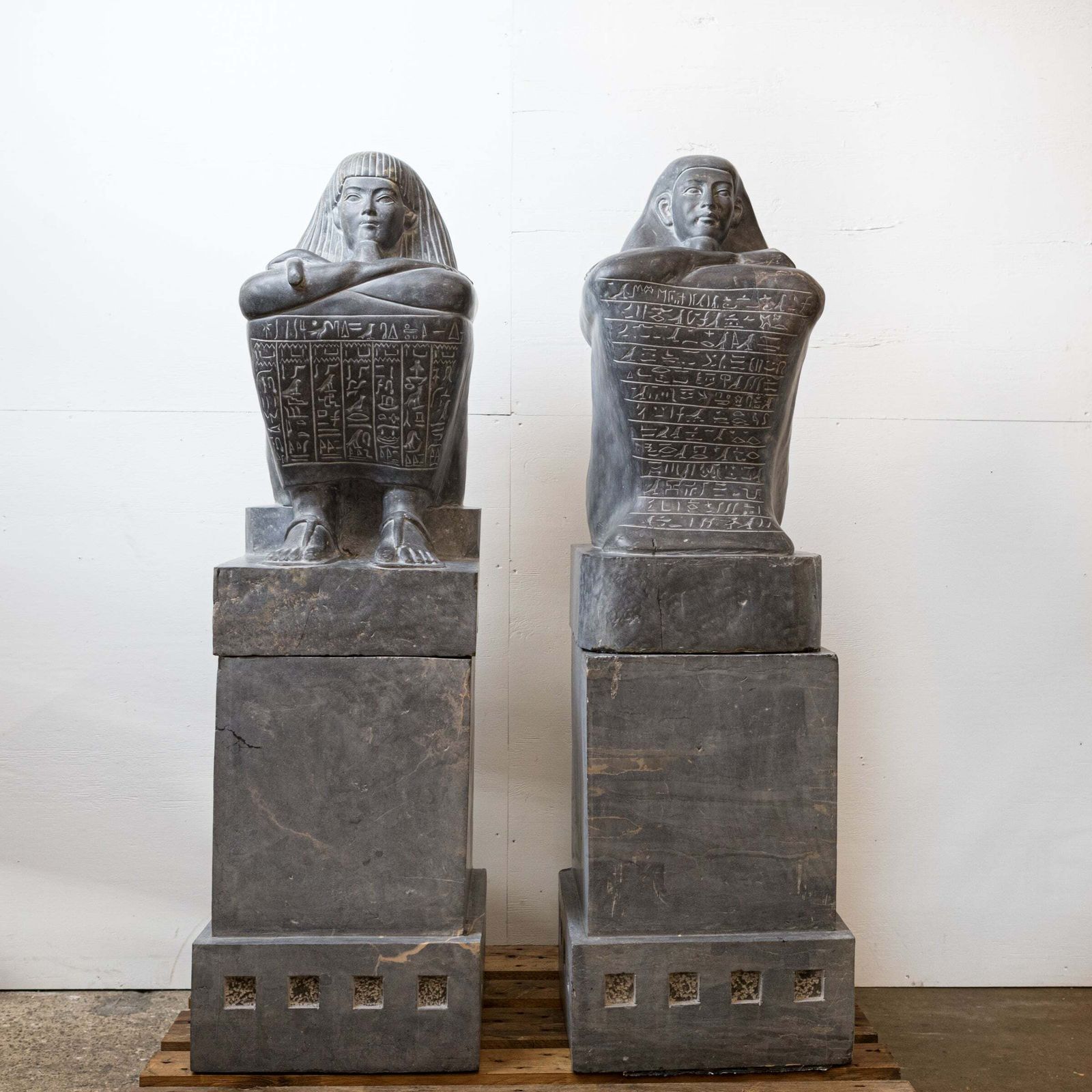 photo buy Pair Of Monumental Egyptian Marble Block Statues With Plinths