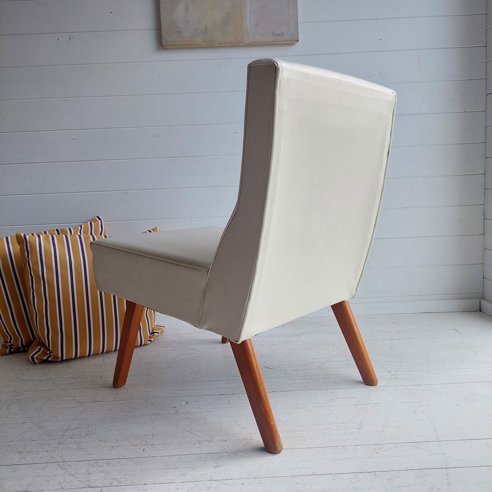 Mid Century Scandinavian Danish Style Teak And Vinyl Lounge Chair , Bedroom Cocktail Chair, 1960s photo vintage