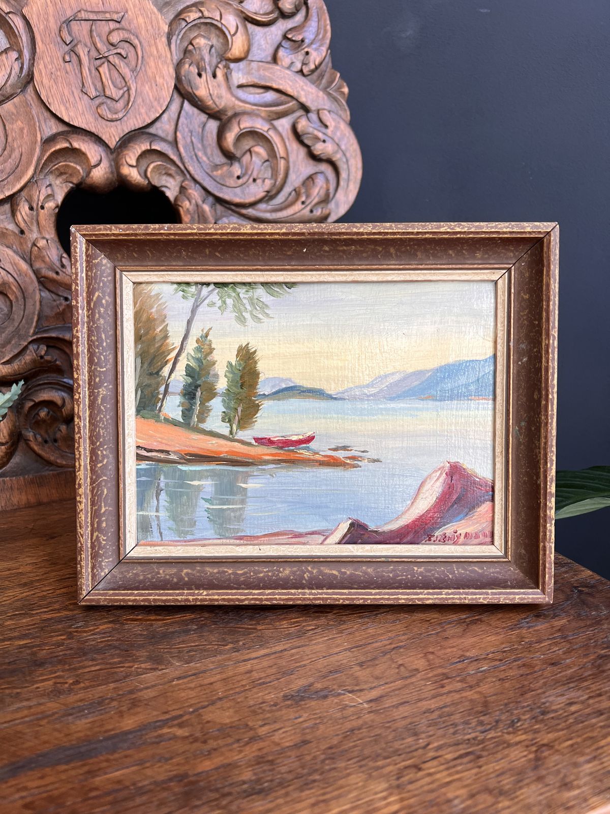 Vintage Painting Lake Scene, Oil On Card Board, Signed Original Art, Gift From Switzerland, Bielersee St Peters Island Switzerland photo Art