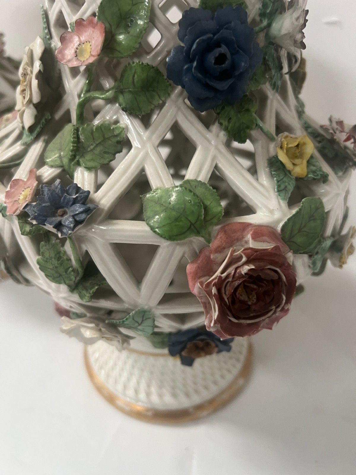 photo for sale "Saxony" Pair Of Polychrome Porcelain Openwork Balustrade Vases 19th Century