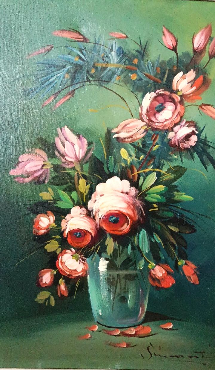 Large Oil Painting On Canvas Signed Flower Vase photo Art