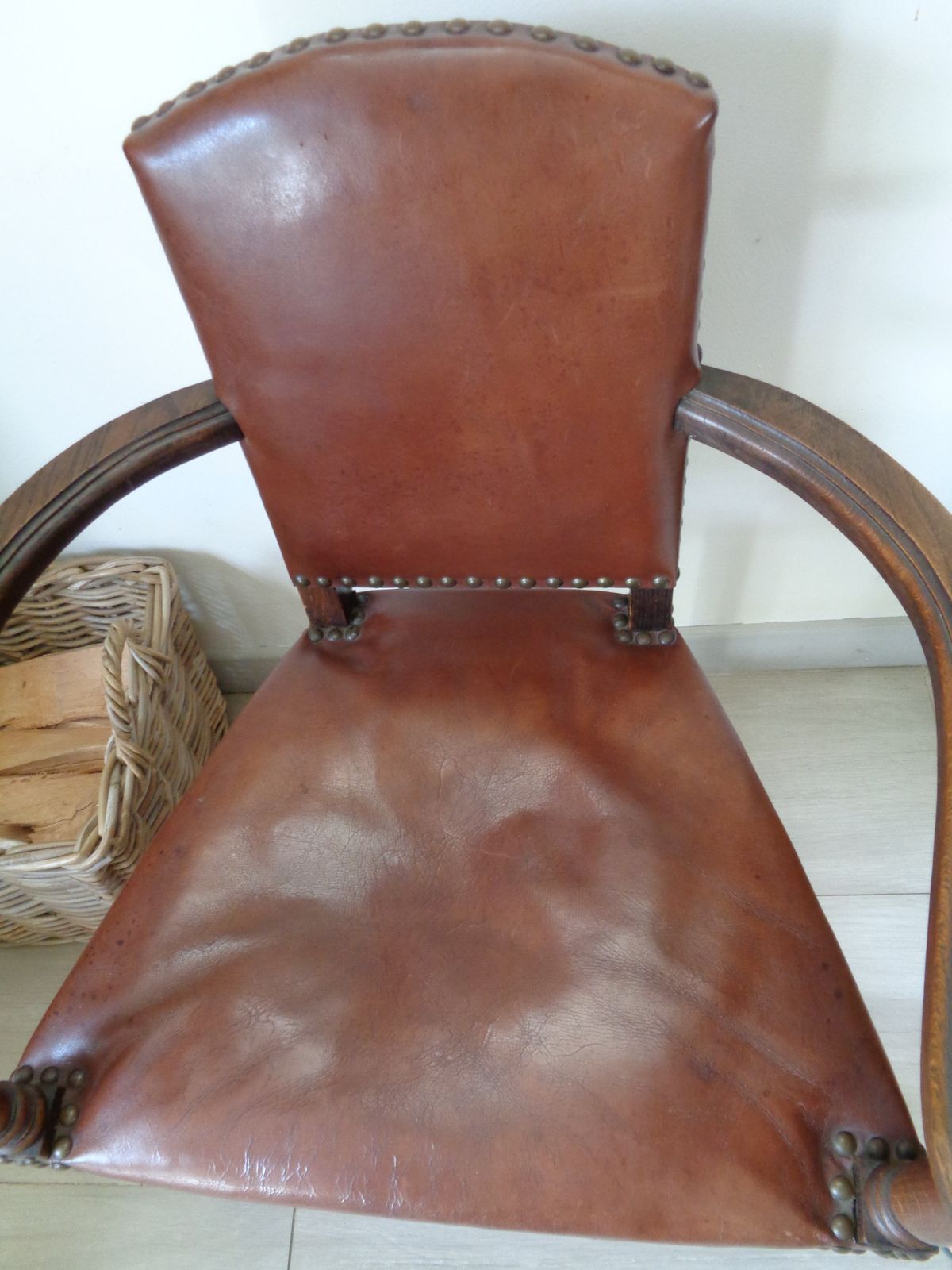 1930's Oak & Brown Leather Armchair photo buy