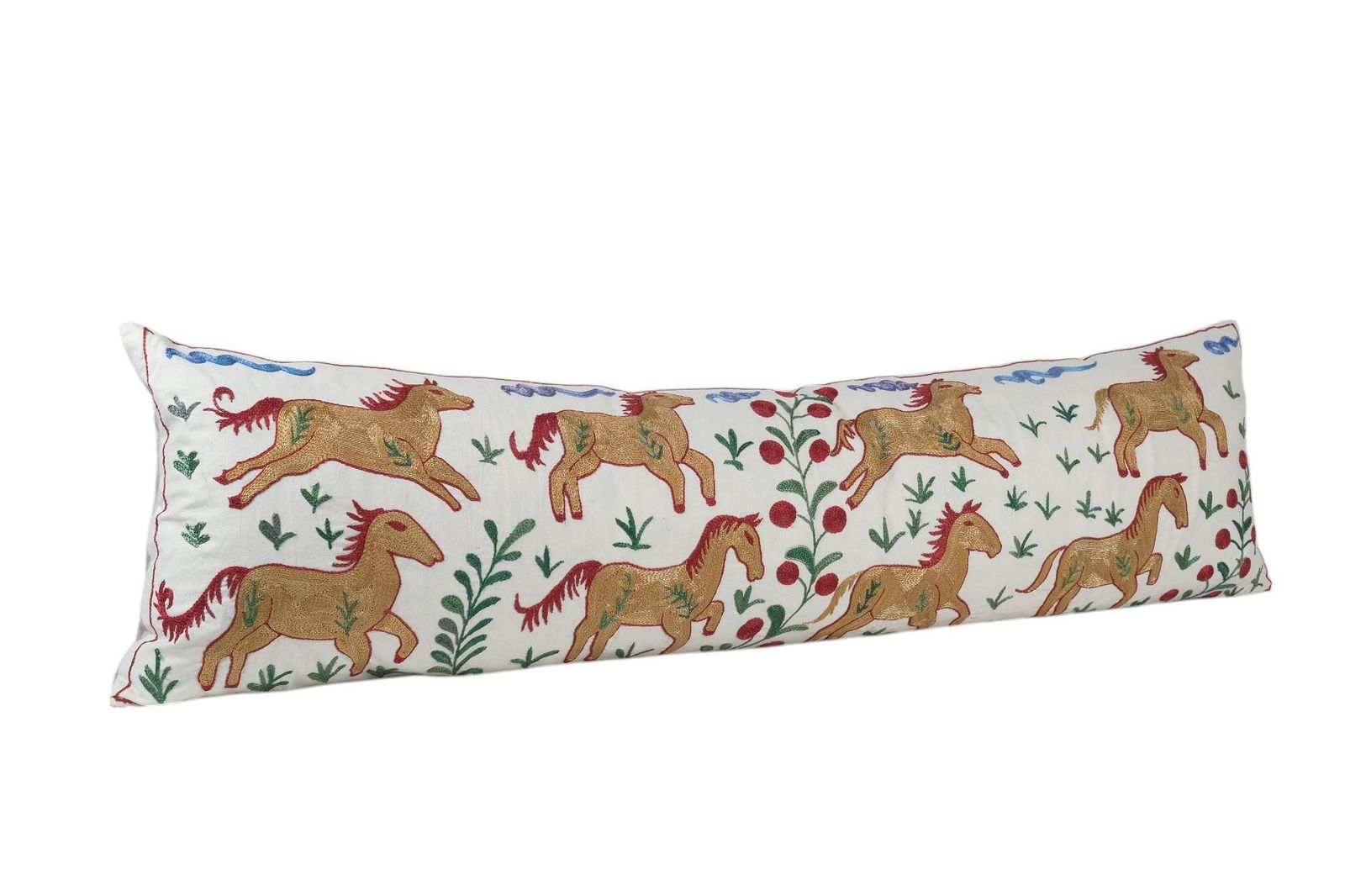 Suzani Horse Bedding Pillows Made From Tashkent Suzani, Hippie Extra Gold Long Pictorial Cushion