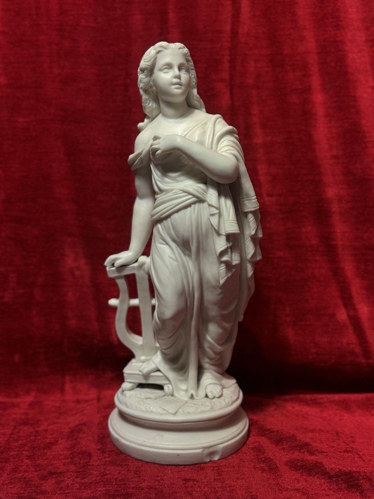 Antique Victorian Parian Ware Robed Lady Standing With Lyre Figure Sculpture
