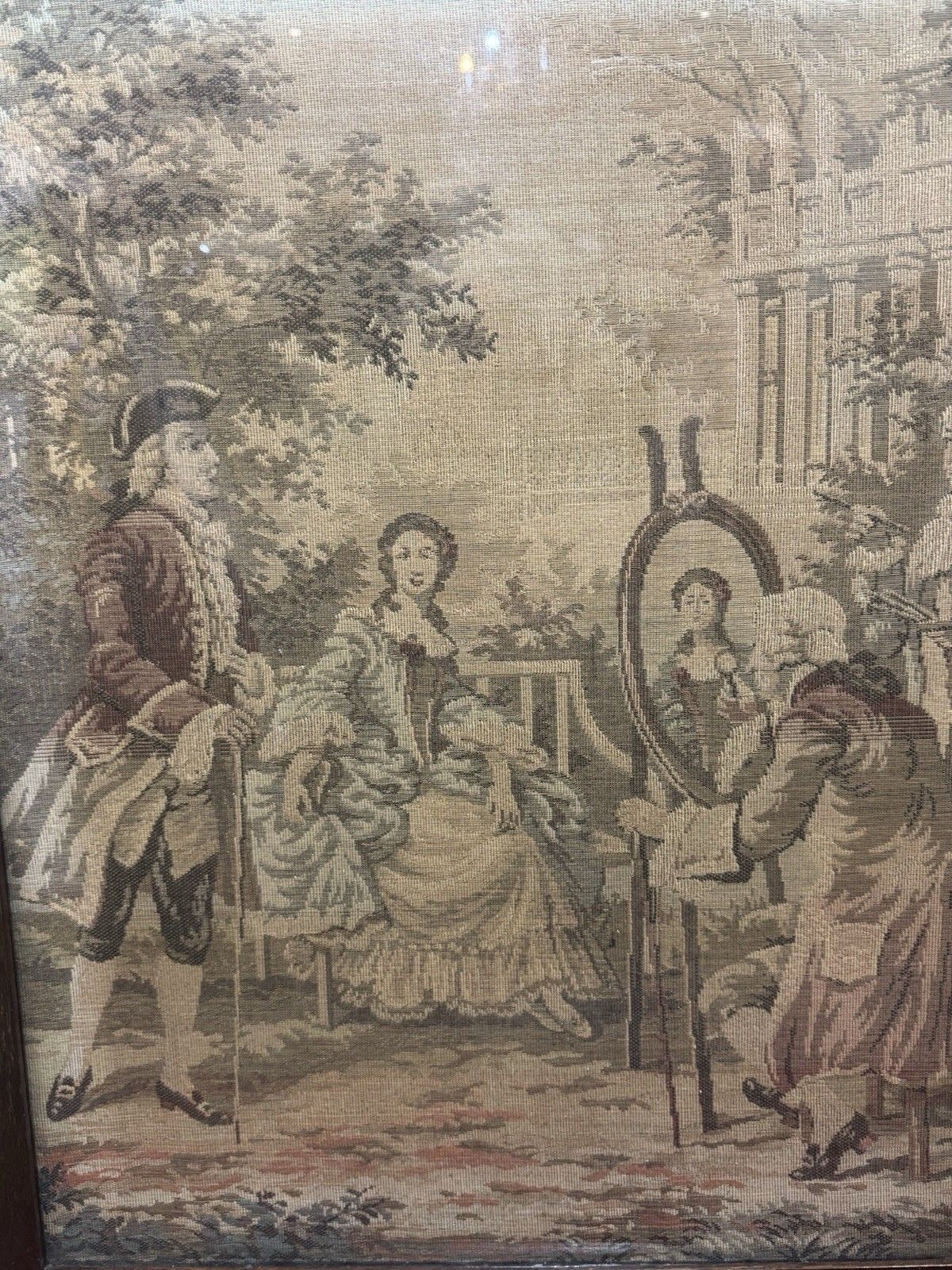 French Silk Tapestry 18c Courtiers In Garden Scene Fire Screen Hardwood Frame photo vinterior