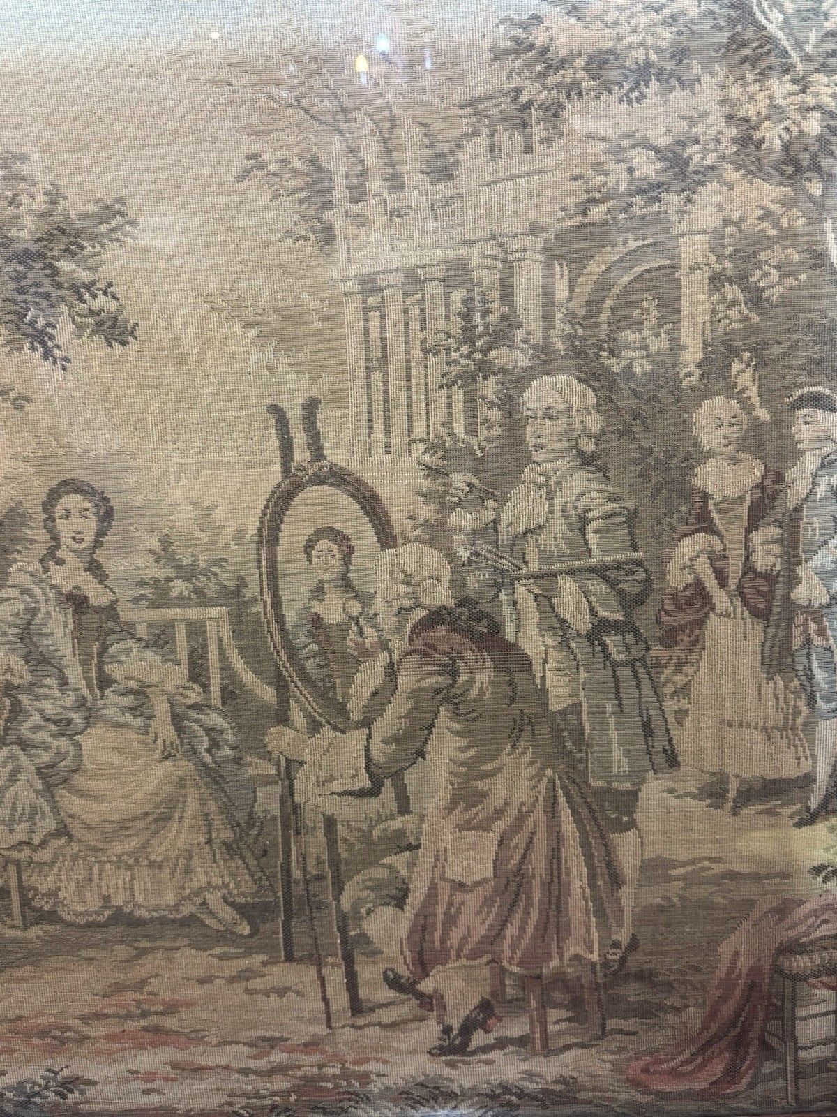 French Silk Tapestry 18c Courtiers In Garden Scene Fire Screen Hardwood Frame photo buy