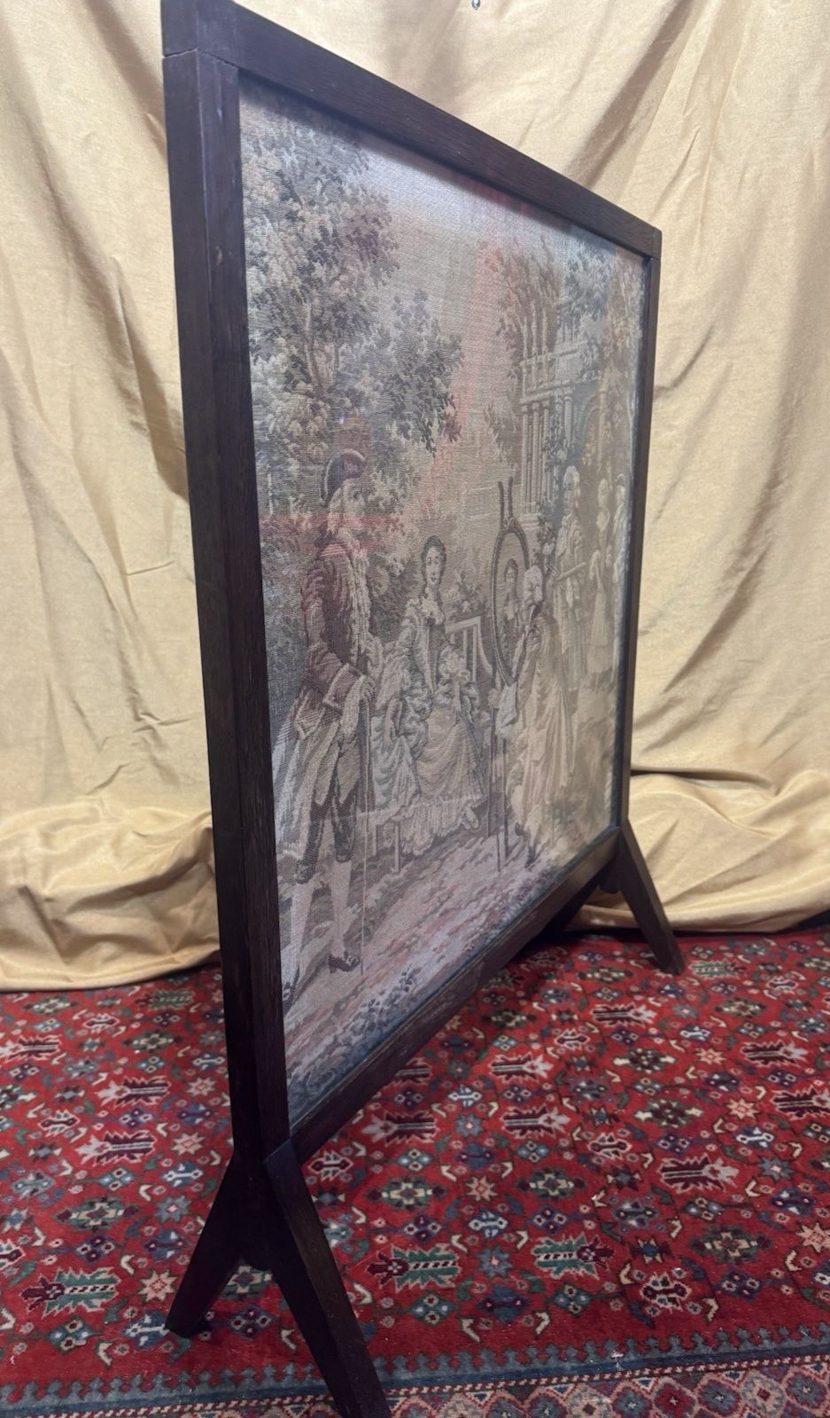 French Silk Tapestry 18c Courtiers In Garden Scene Fire Screen Hardwood Frame photo vintage