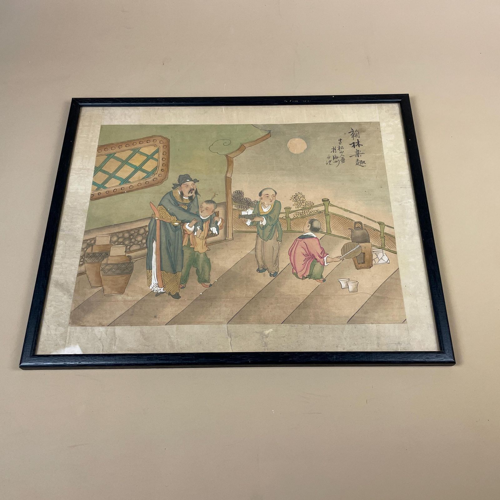 Antique Hand Painted Silk Painting Japanese Artwork Art Wall Hanging Oriental Detailed Black Frame Vintage Picture Framed Old Original
