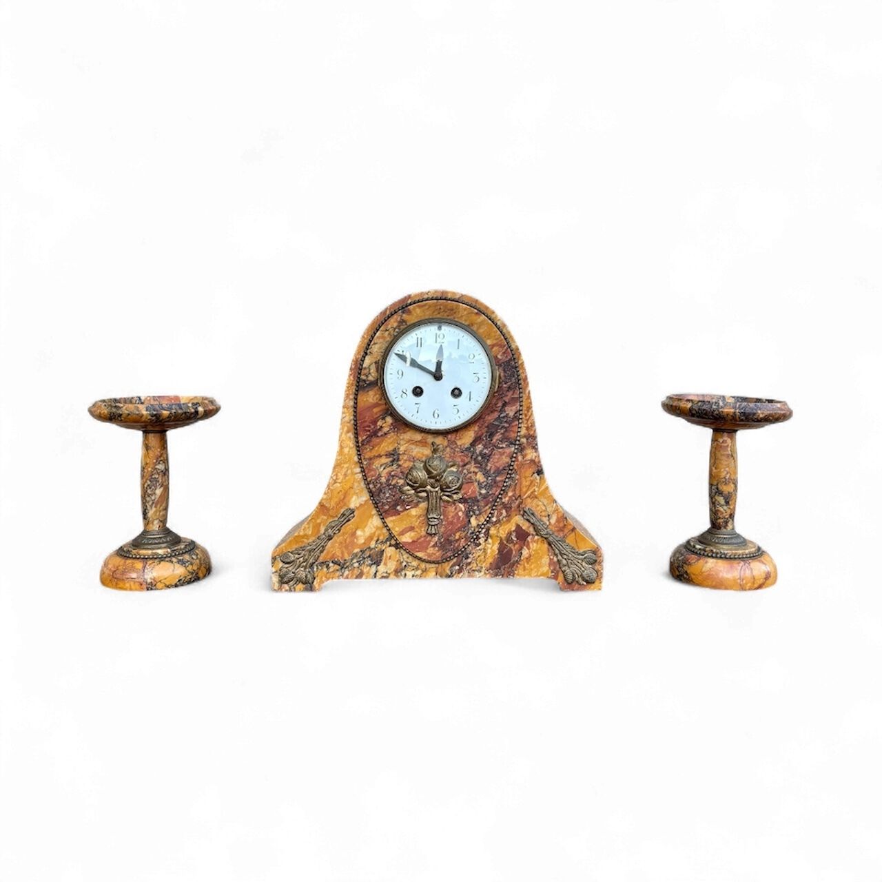 Art Deco Clock With Marble Trim, 1890s, Set Of 3
