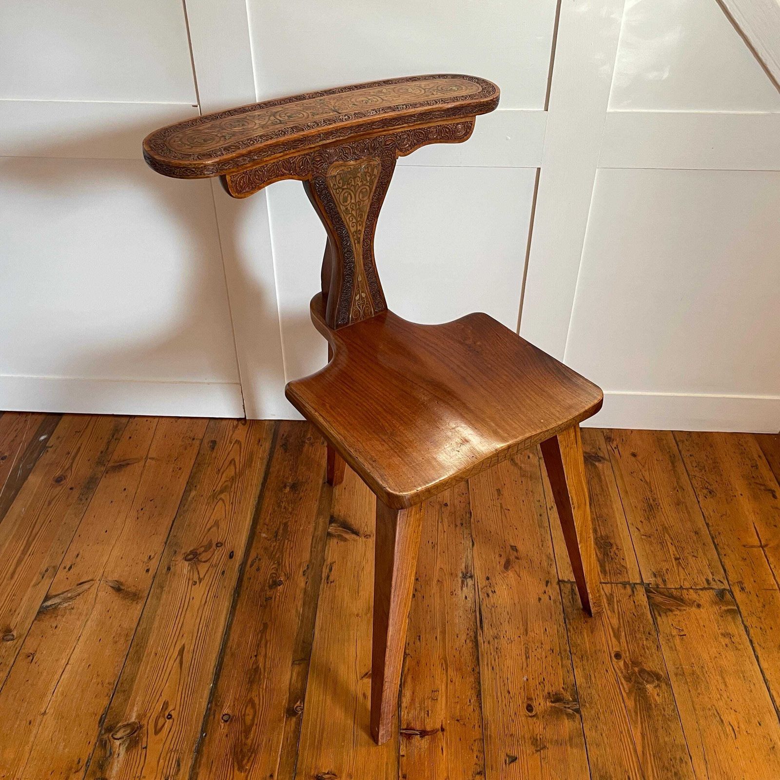 Vintage Wooden Hall Chair With Ornate Hand Carving And Brass Inlay Marquetry Spanish Moorish Revival Mid Century Accent Seating Three Legs