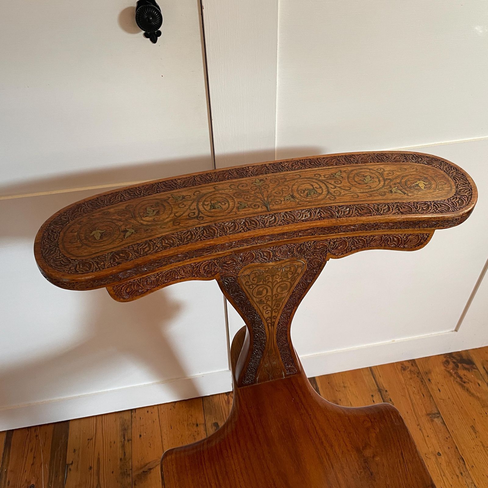Vintage Wooden Hall Chair With Ornate Hand Carving And Brass Inlay Marquetry Spanish Moorish Revival Mid Century Accent Seating Three Legs photo 325.0