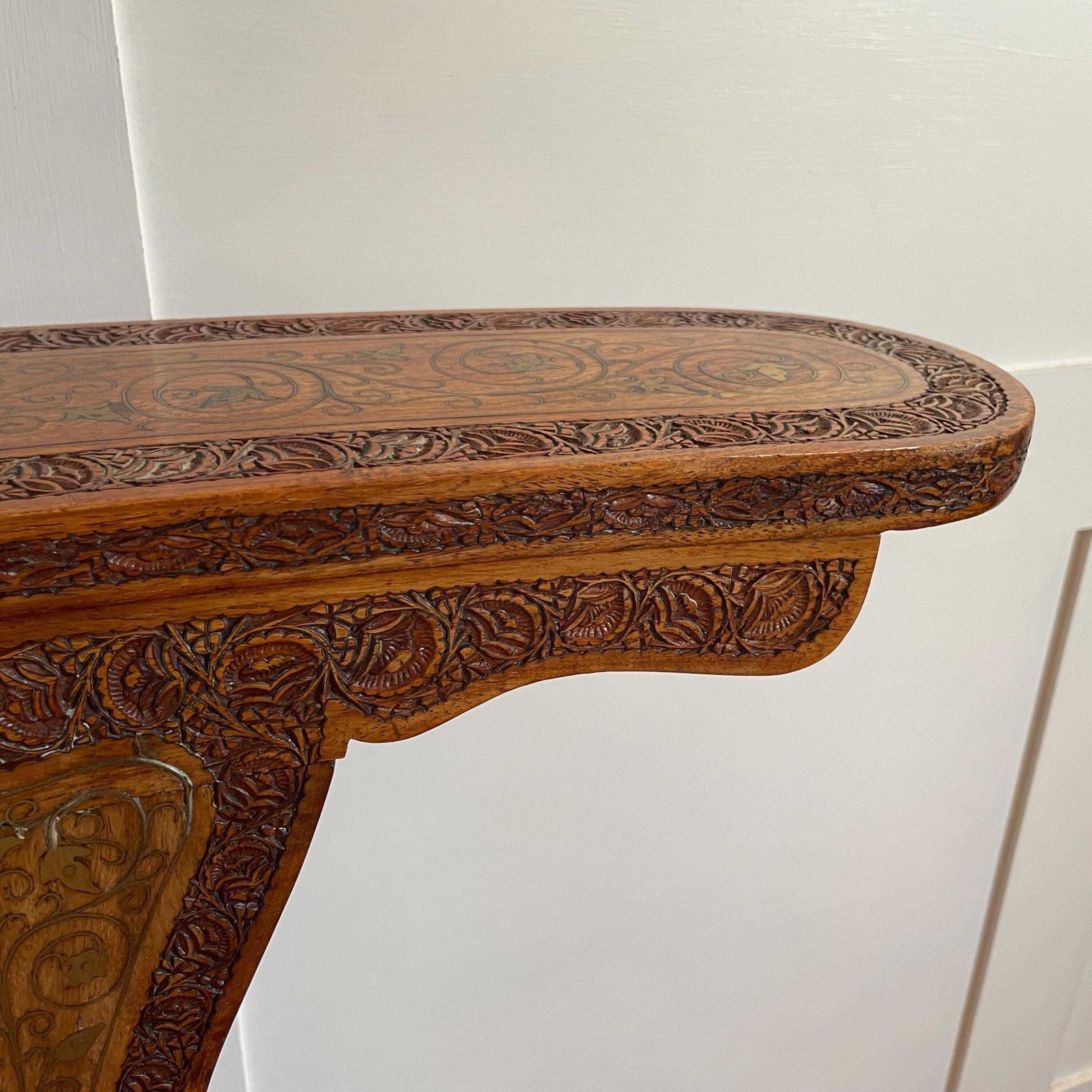 Vintage Wooden Hall Chair With Ornate Hand Carving And Brass Inlay Marquetry Spanish Moorish Revival Mid Century Accent Seating Three Legs photo buy