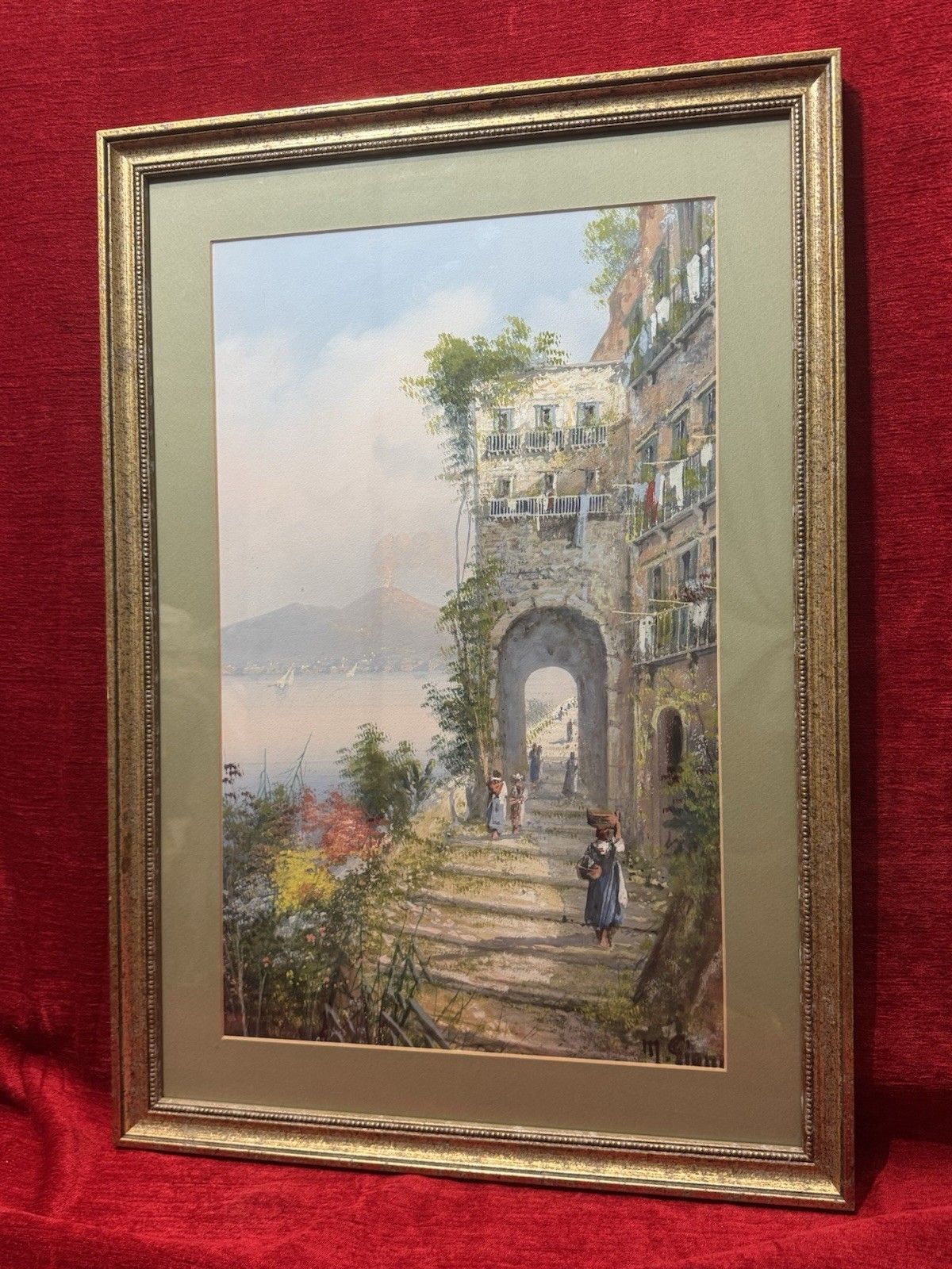 M Gianni Naples Street Scene Mt Vesuvius Italy Gouache Painting Signed Framed photo 395.0