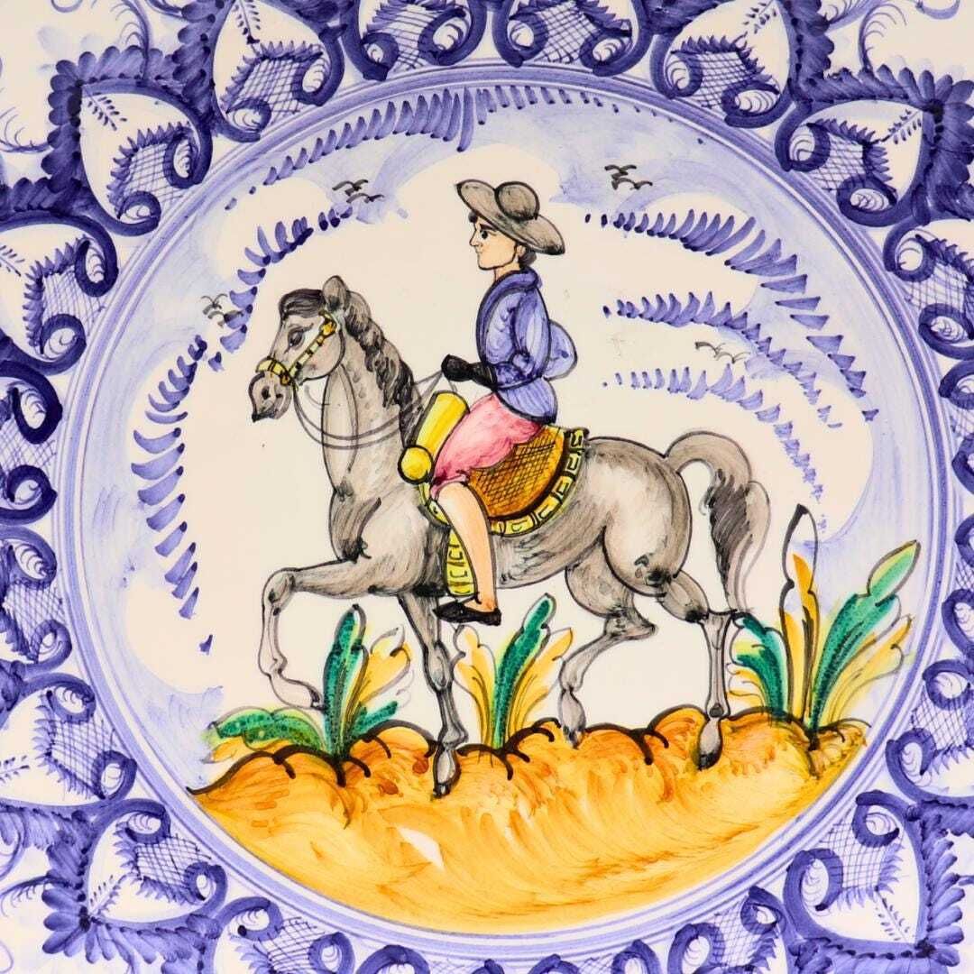 Very Large Spanish Hand Painted Man On Horseback Wall Plate 19th Century Style 16.2'' D photo furniture