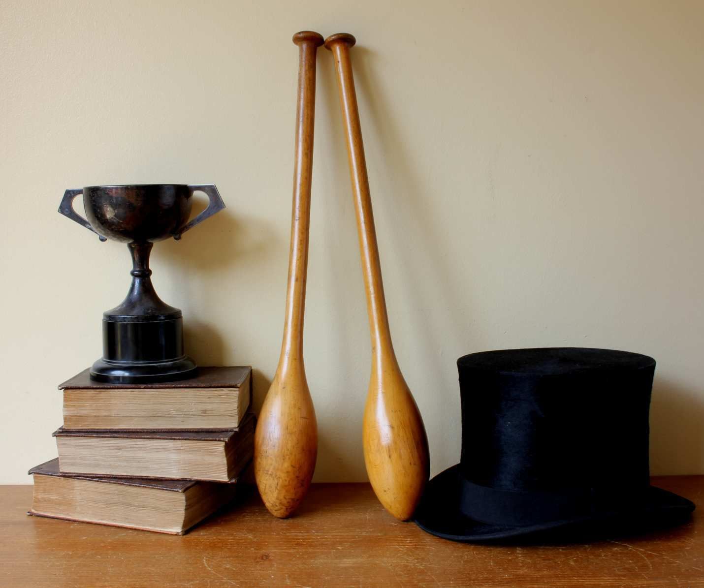 photo furniture Pair Antique Indian Clubs. Decorative Wood Gym Weights Exercise Meels.