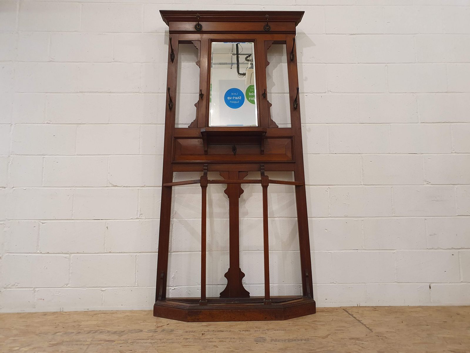Edwardian Style Hall Tree With Mirror, Umbrella Holders, And Coat Hangers