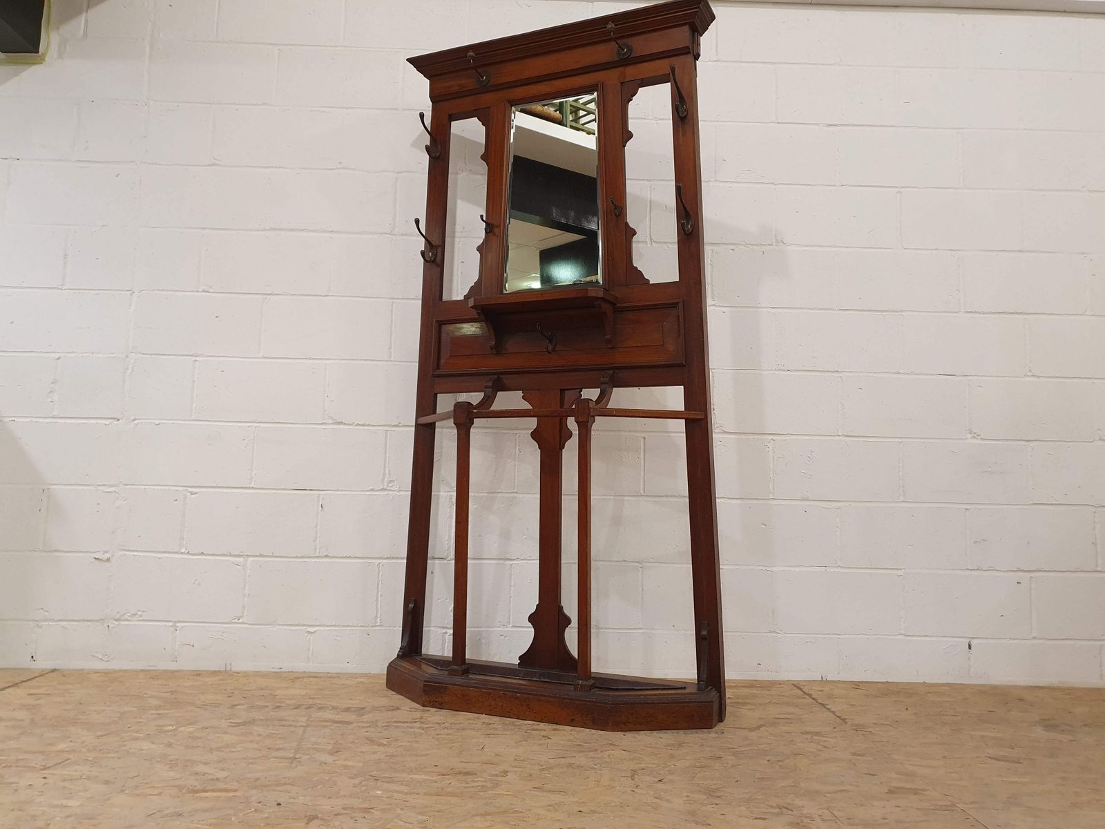 Edwardian Style Hall Tree With Mirror, Umbrella Holders, And Coat Hangers photo for sale