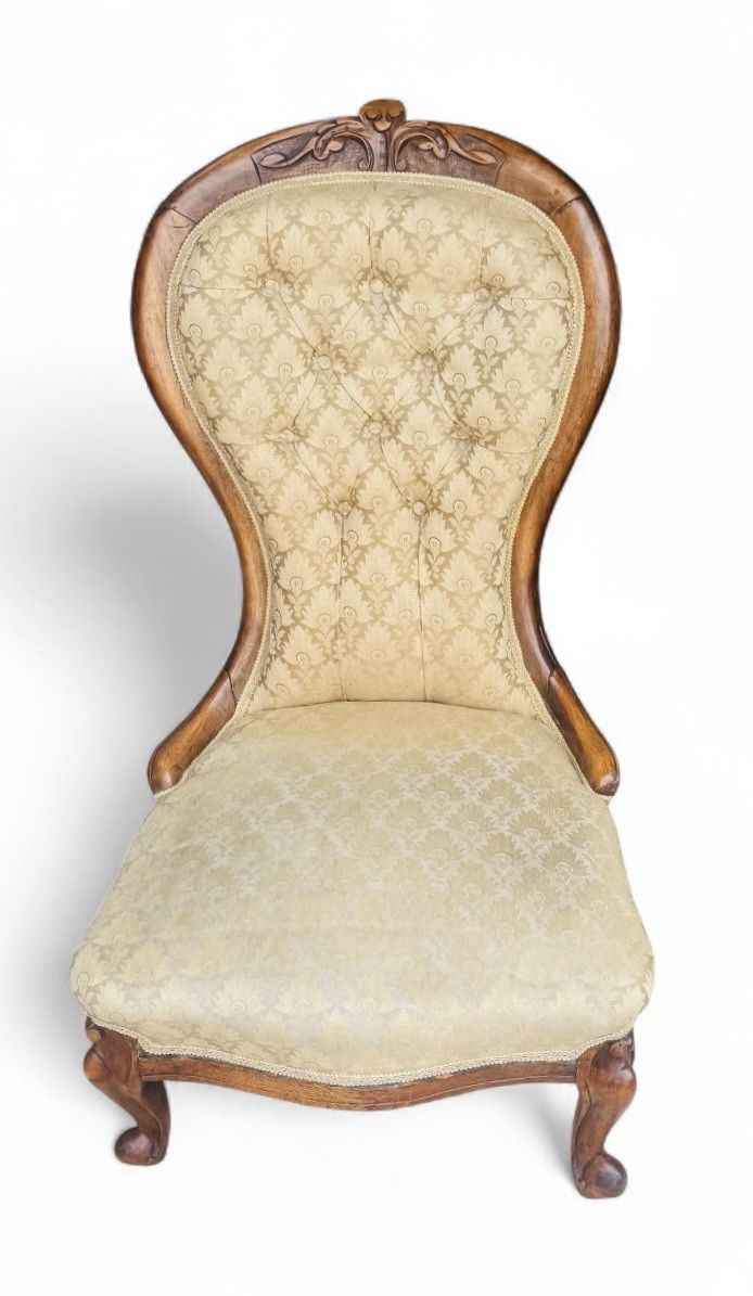 Antique Victorian Armchair Nursing Chair Walnut Button Back Gold Velvet C1870s photo vinterior