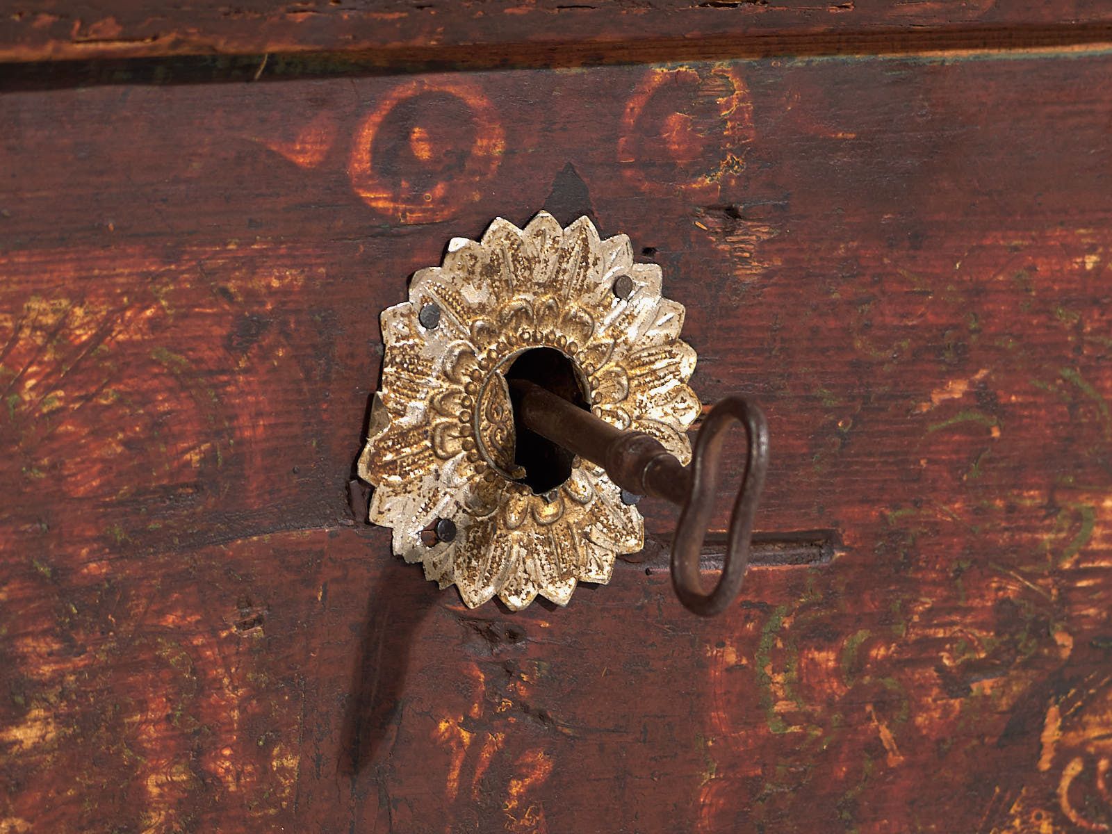Antique Chest Painted With Floral Motifs And Iron Lock (C.1820) #47 photo for sale