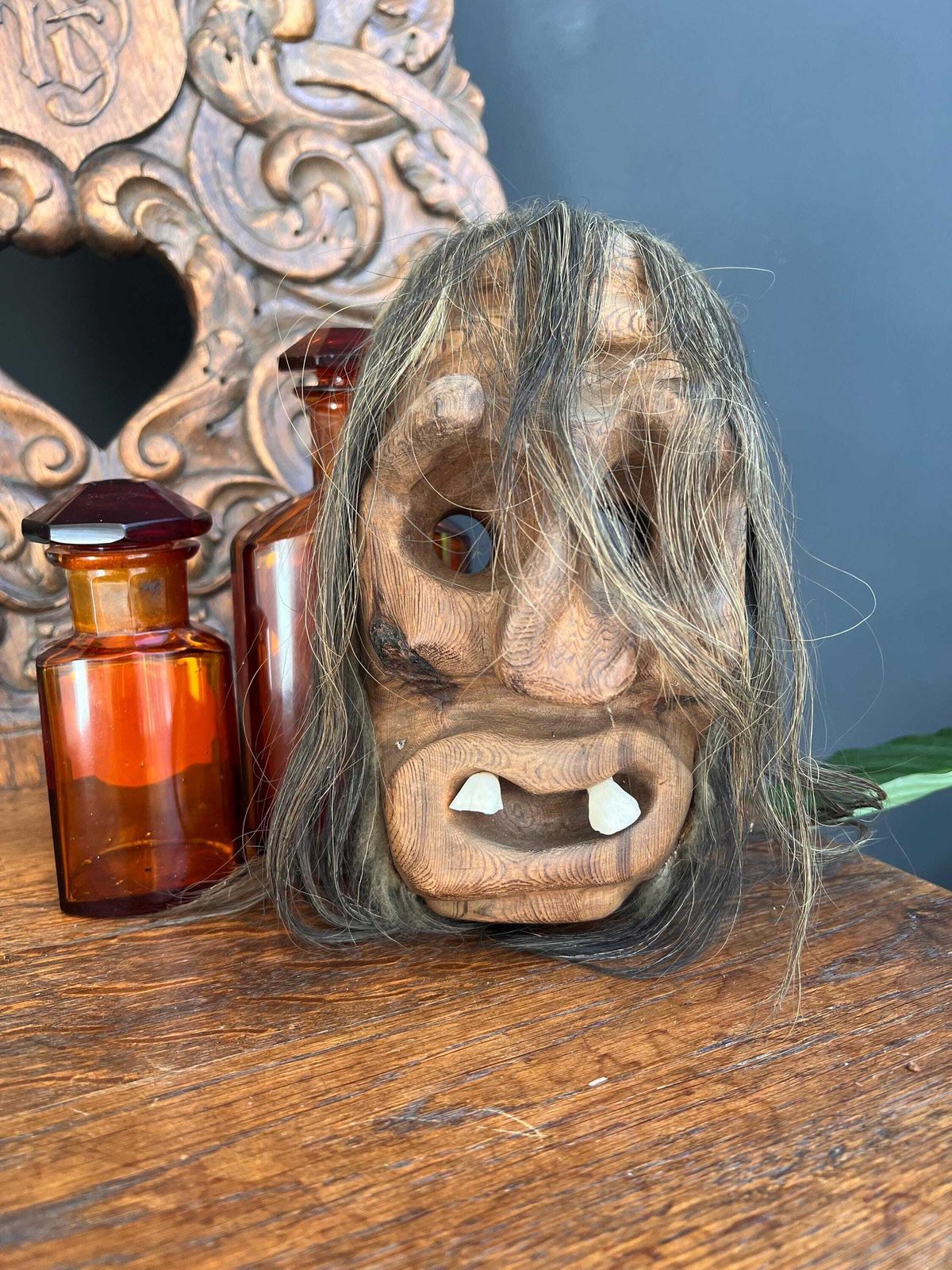 Vintage Swiss Tschäggättä Mask: Lötschental Wall Decor With Real Hair