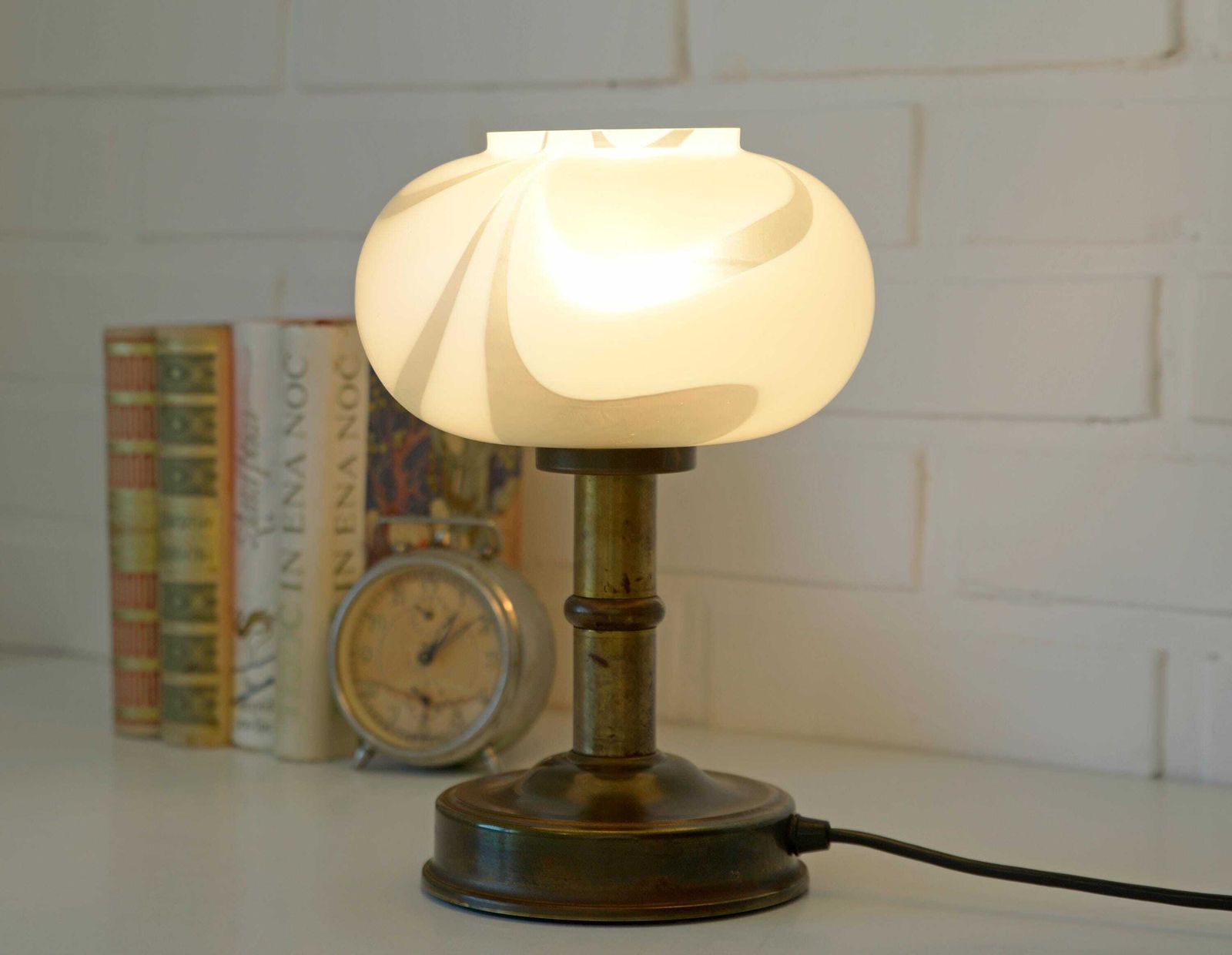 Vintage Murano Glass Style Mushroom Desk Lamp: Brass Bedside Lamp, Table Lighting Yugoslavia 1970's