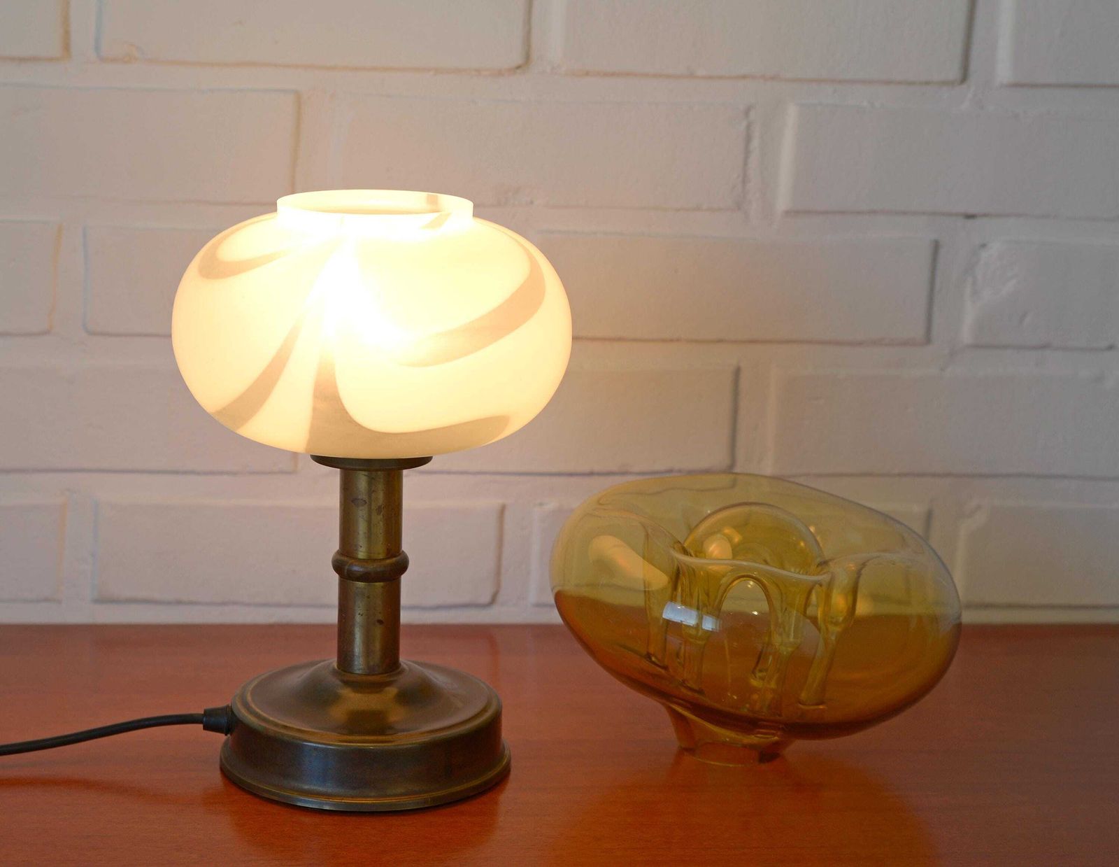 Vintage Murano Glass Style Mushroom Desk Lamp: Brass Bedside Lamp, Table Lighting Yugoslavia 1970's photo furniture
