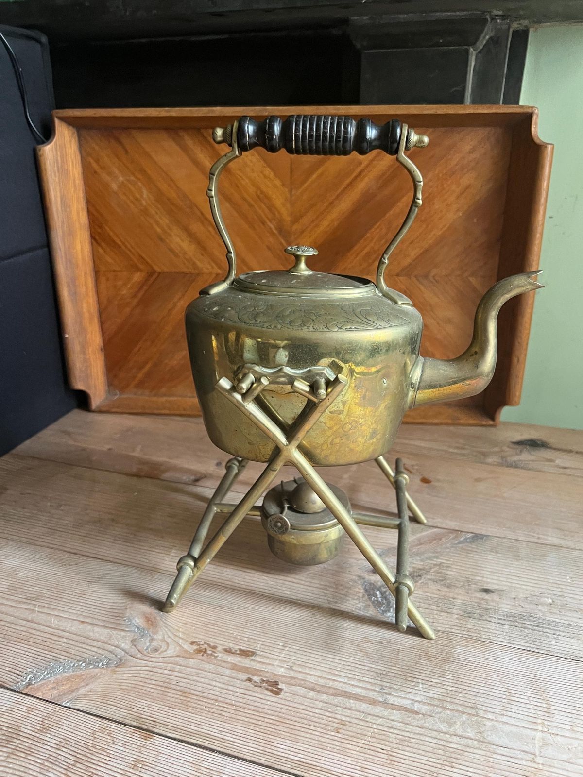 Antique Embossed Brass Tipping Kettle With Original Stand And Spirit Burner. William Soutter Brass Spirit Kettle With Stand. Unpolished.
